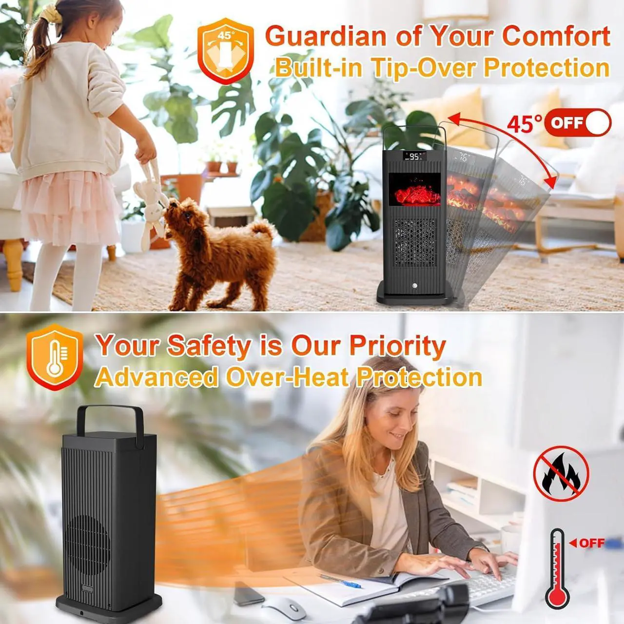 Alt view image 5 of 7 - Space Heater, 2023 Small Space Heaters for Indoor Use, Oscillating Electric Heater with Infrared Sensor & 3D Flame Effect as Mini Fireplace, 1500W ECO Portable Heater for Office/Bedroom/Home/Garage