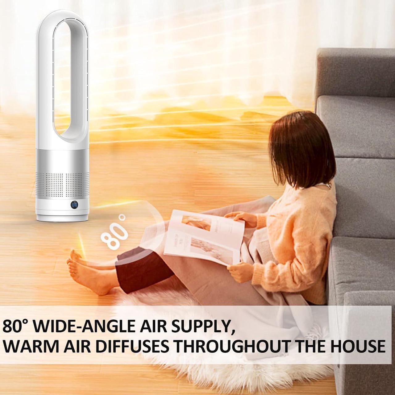 Alt view image 3 of 7 - Bladeless Tower Fan, 1400W Space Heater & 40W Cooler Fan Combo with Remote, 80°Oscillation, 8 Speeds and 3 Heating Modes, 9H Timer, LED Display, Fast Safety Heat and Quiet for Bedroom, Kitchen, Office