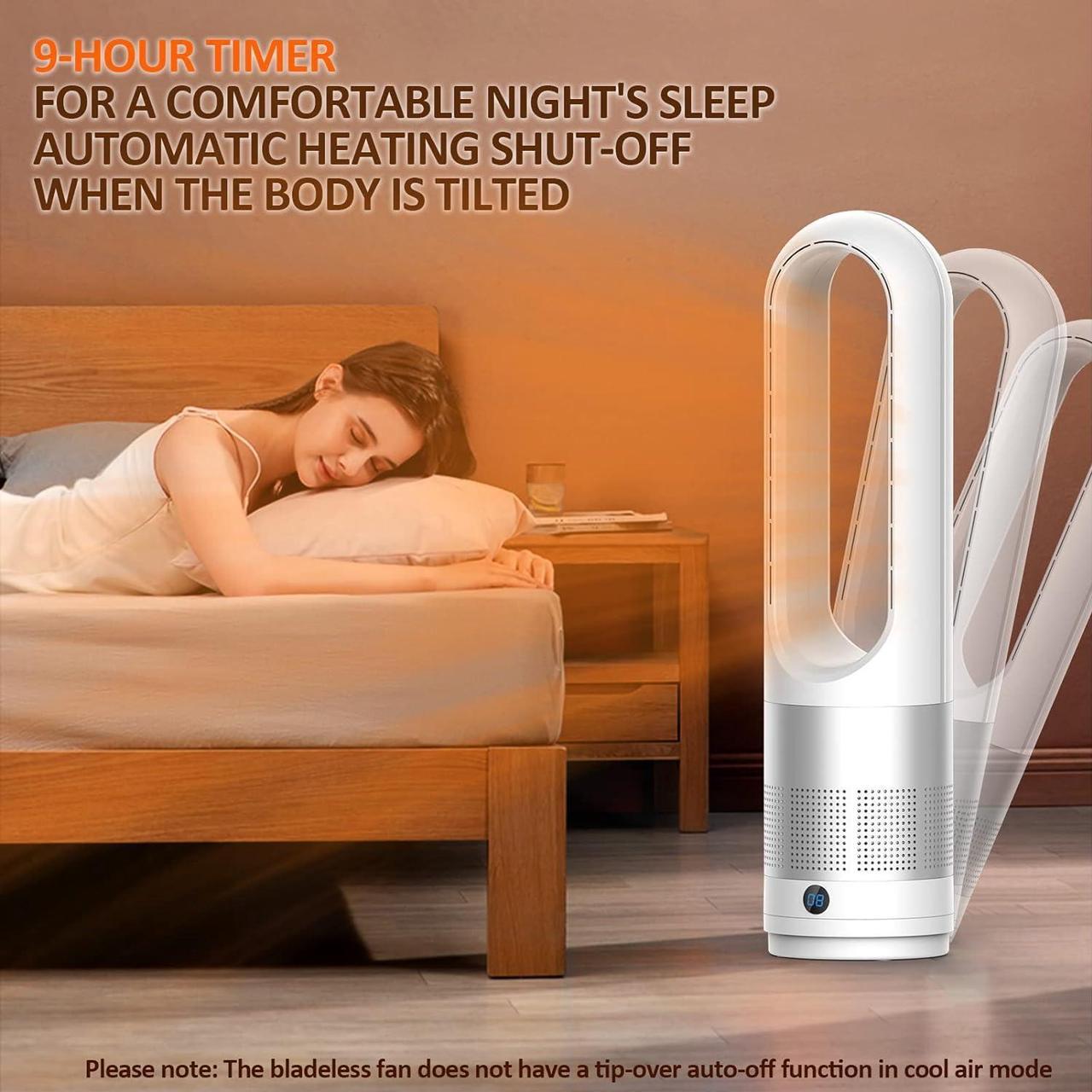 Alt view image 4 of 7 - Bladeless Tower Fan, 1400W Space Heater & 40W Cooler Fan Combo with Remote, 80°Oscillation, 8 Speeds and 3 Heating Modes, 9H Timer, LED Display, Fast Safety Heat and Quiet for Bedroom, Kitchen, Office