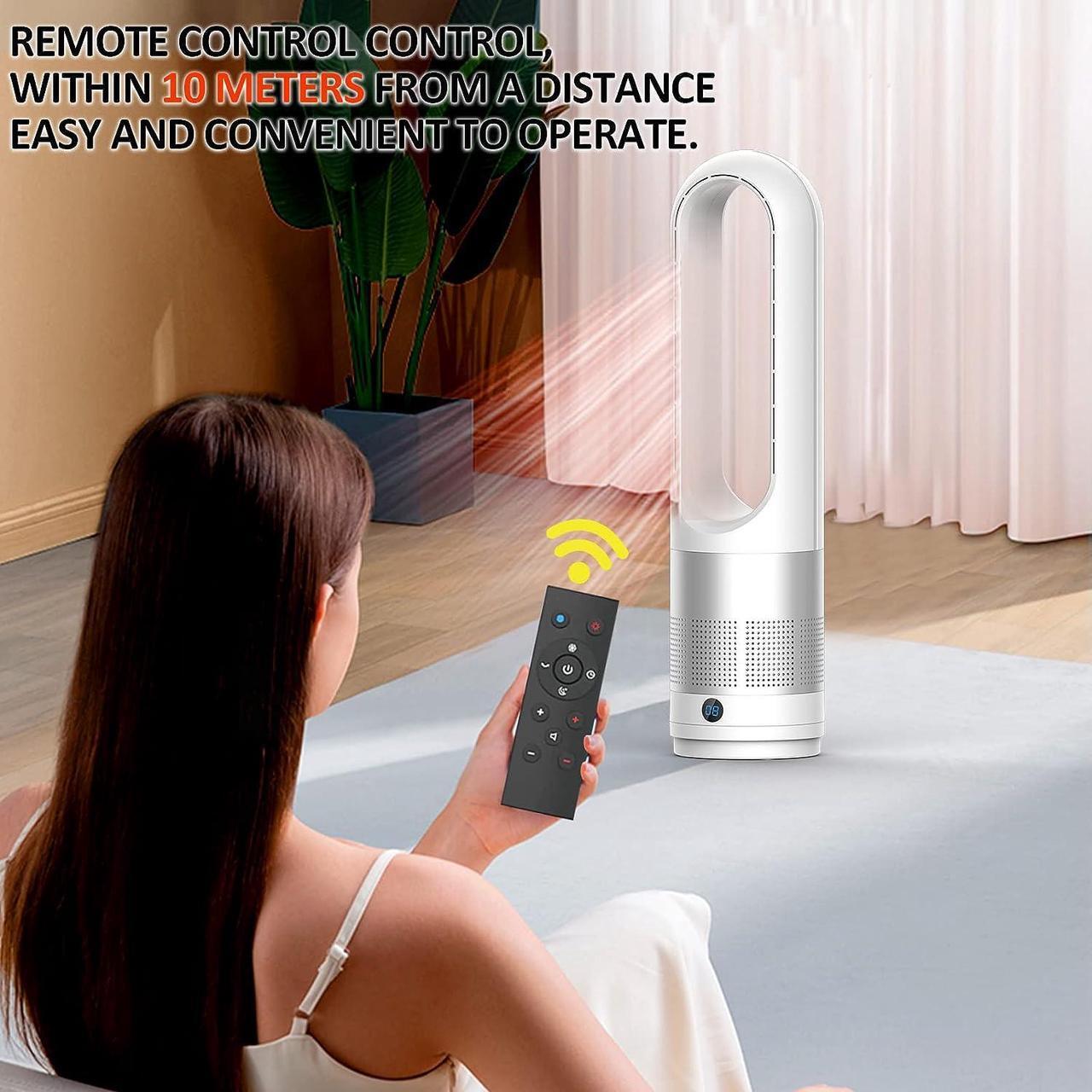 Alt view image 5 of 7 - Bladeless Tower Fan, 1400W Space Heater & 40W Cooler Fan Combo with Remote, 80°Oscillation, 8 Speeds and 3 Heating Modes, 9H Timer, LED Display, Fast Safety Heat and Quiet for Bedroom, Kitchen, Office