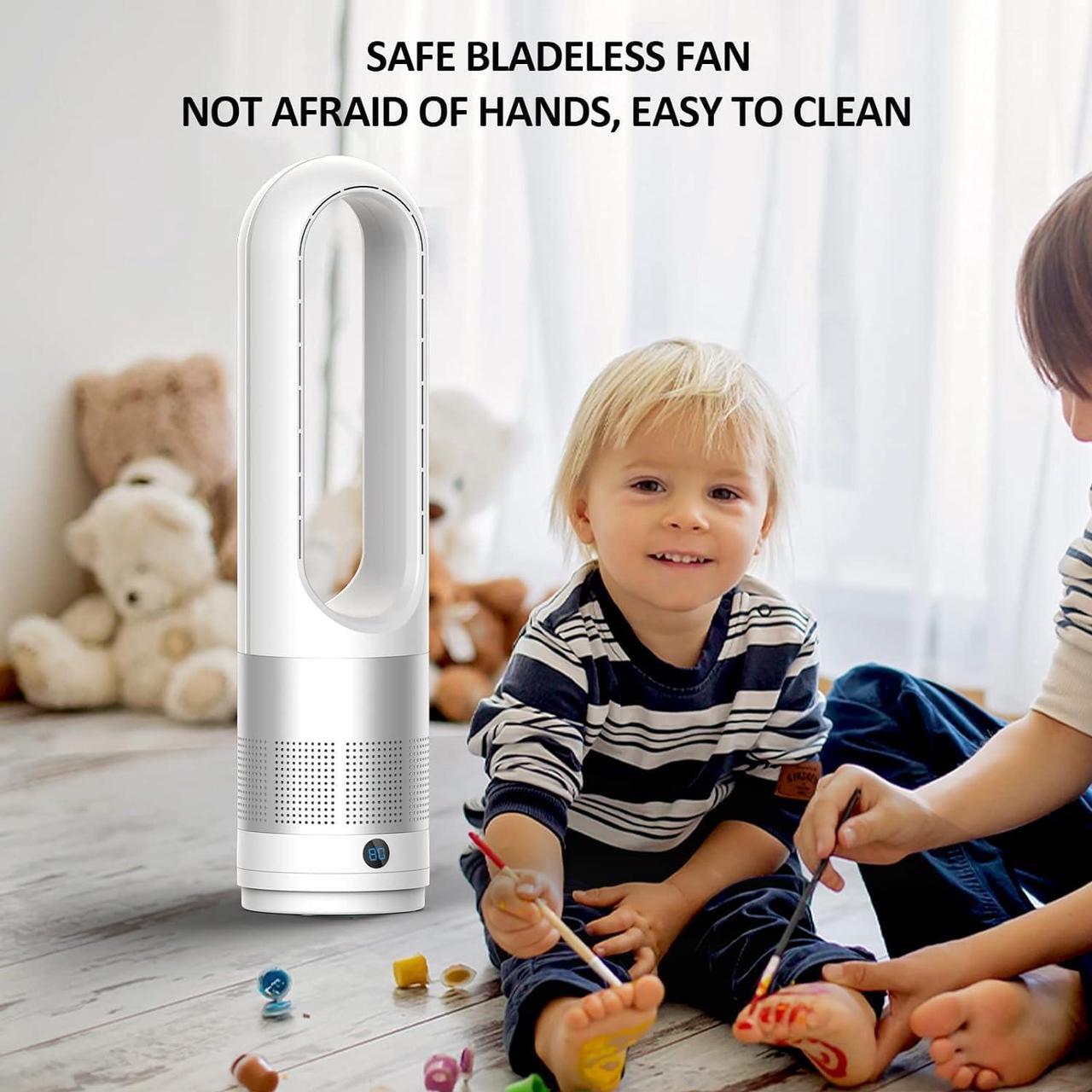 Alt view image 7 of 7 - Bladeless Tower Fan, 1400W Space Heater & 40W Cooler Fan Combo with Remote, 80°Oscillation, 8 Speeds and 3 Heating Modes, 9H Timer, LED Display, Fast Safety Heat and Quiet for Bedroom, Kitchen, Office