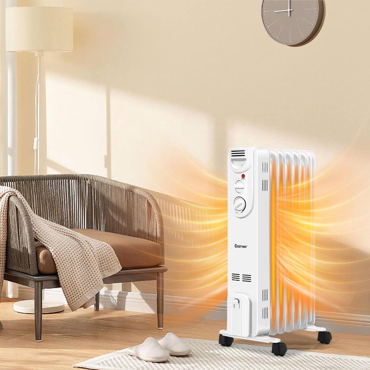 Alt view image 2 of 7 - COSTWAY Oil Filled Radiator Heater, 1500W Portable Electric Heater with 3 Heat Settings, Adjustable Thermostat, Overheat & Tip-Over Protection, Small Quiet Space Heater for Indoor Use, Bedroom, Office