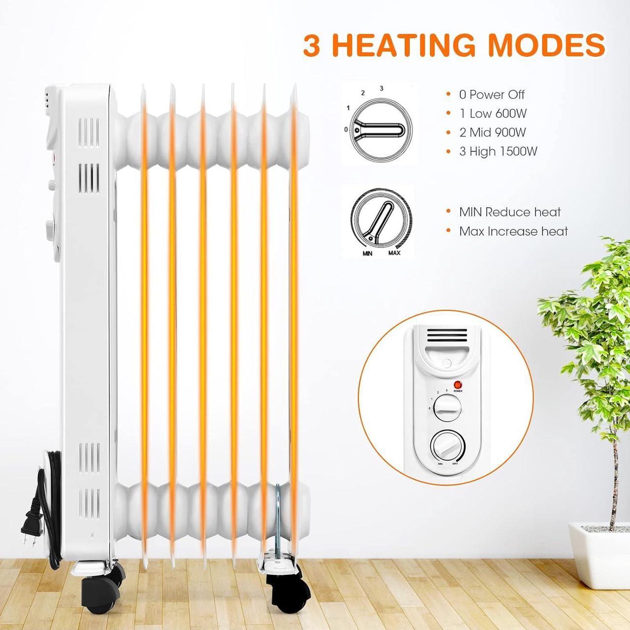 Alt view image 3 of 7 - COSTWAY Oil Filled Radiator Heater, 1500W Portable Electric Heater with 3 Heat Settings, Adjustable Thermostat, Overheat & Tip-Over Protection, Small Quiet Space Heater for Indoor Use, Bedroom, Office