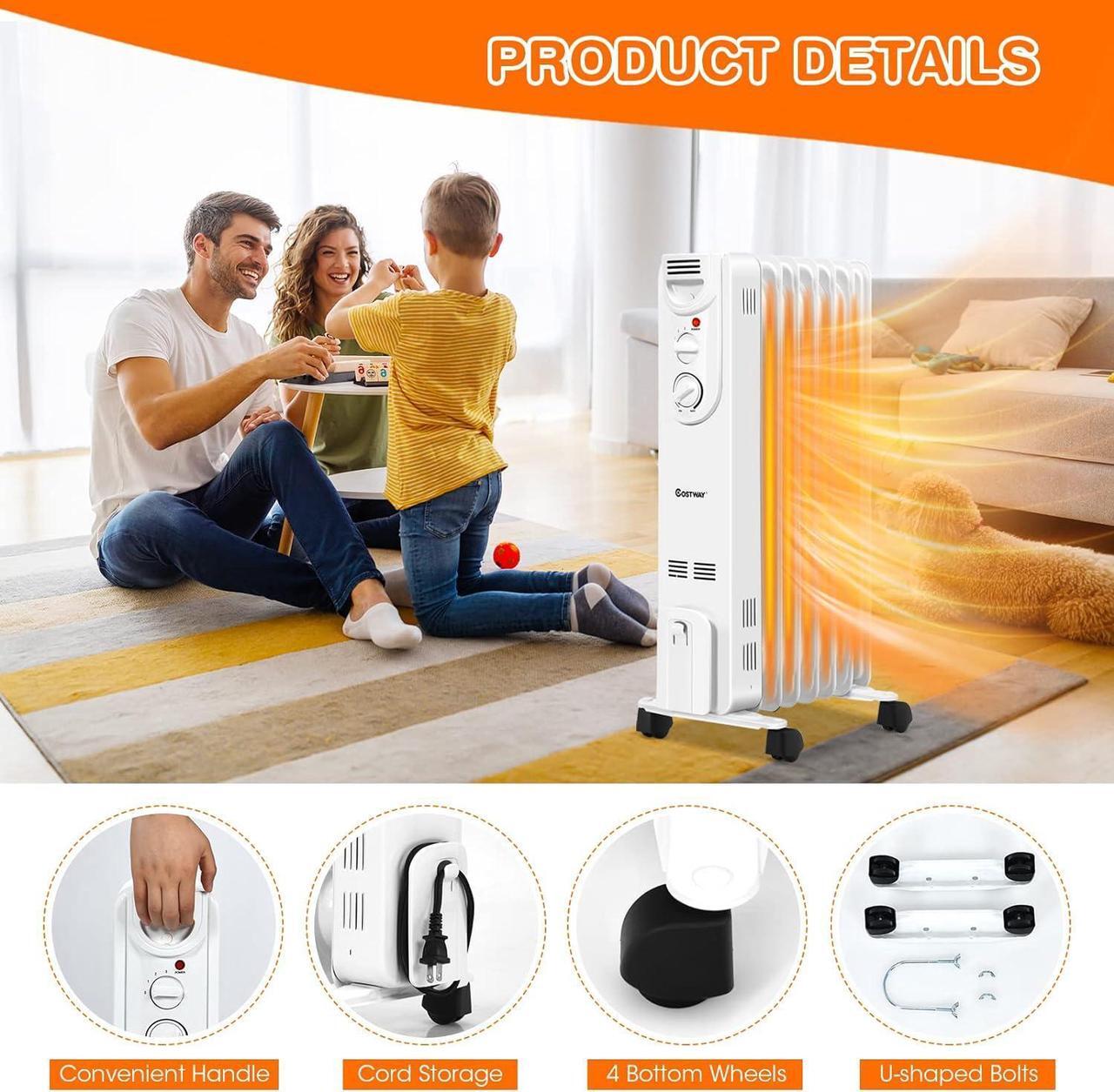 Alt view image 6 of 7 - COSTWAY Oil Filled Radiator Heater, 1500W Portable Electric Heater with 3 Heat Settings, Adjustable Thermostat, Overheat & Tip-Over Protection, Small Quiet Space Heater for Indoor Use, Bedroom, Office