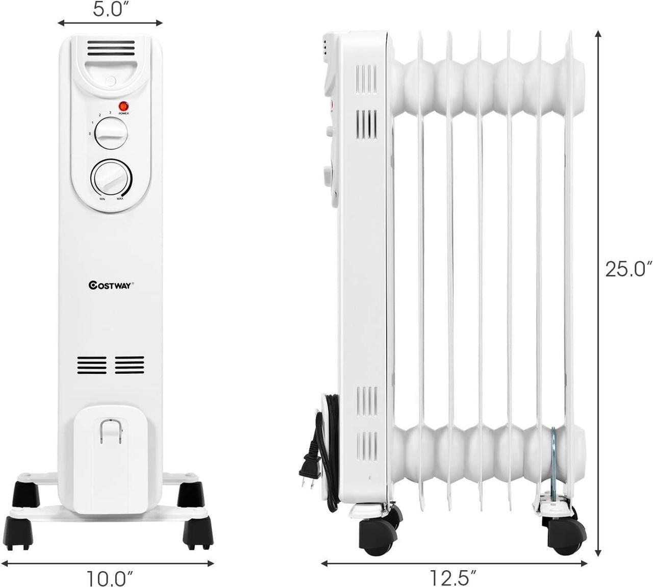 Alt view image 7 of 7 - COSTWAY Oil Filled Radiator Heater, 1500W Portable Electric Heater with 3 Heat Settings, Adjustable Thermostat, Overheat & Tip-Over Protection, Small Quiet Space Heater for Indoor Use, Bedroom, Office