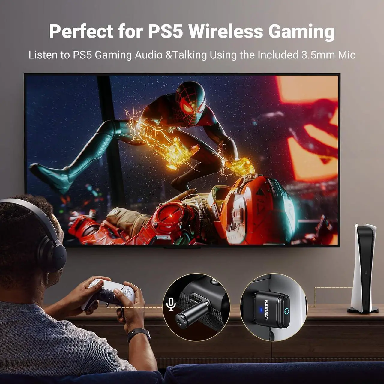 Alt view image 3 of 7 - UGREEN USB Audio Transmitter, Bluetooth 5.3 Adapter for Connecting Bluetooth Headphones to PS5, PS4, Switch, PC, Wireless Audio Adapter with aptX AD, Included Mini Mic (Plug & Play)
