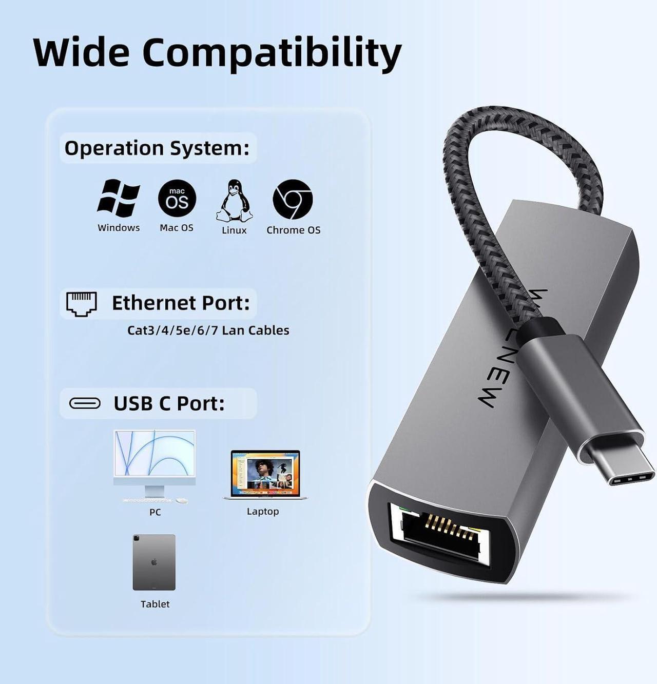 Alt view image 5 of 6 - WALNEW USB-C 2.5gb Ethernet Adapter, USBC to RJ45 LAN Connector,2.5 Gigabit Network Cable Converter Thunderbolt 3 for NAS Server,Mac,iMac,MacBook Pro,iPad Air,Dell XPS 17 15,Surface Laptop,Chromebook