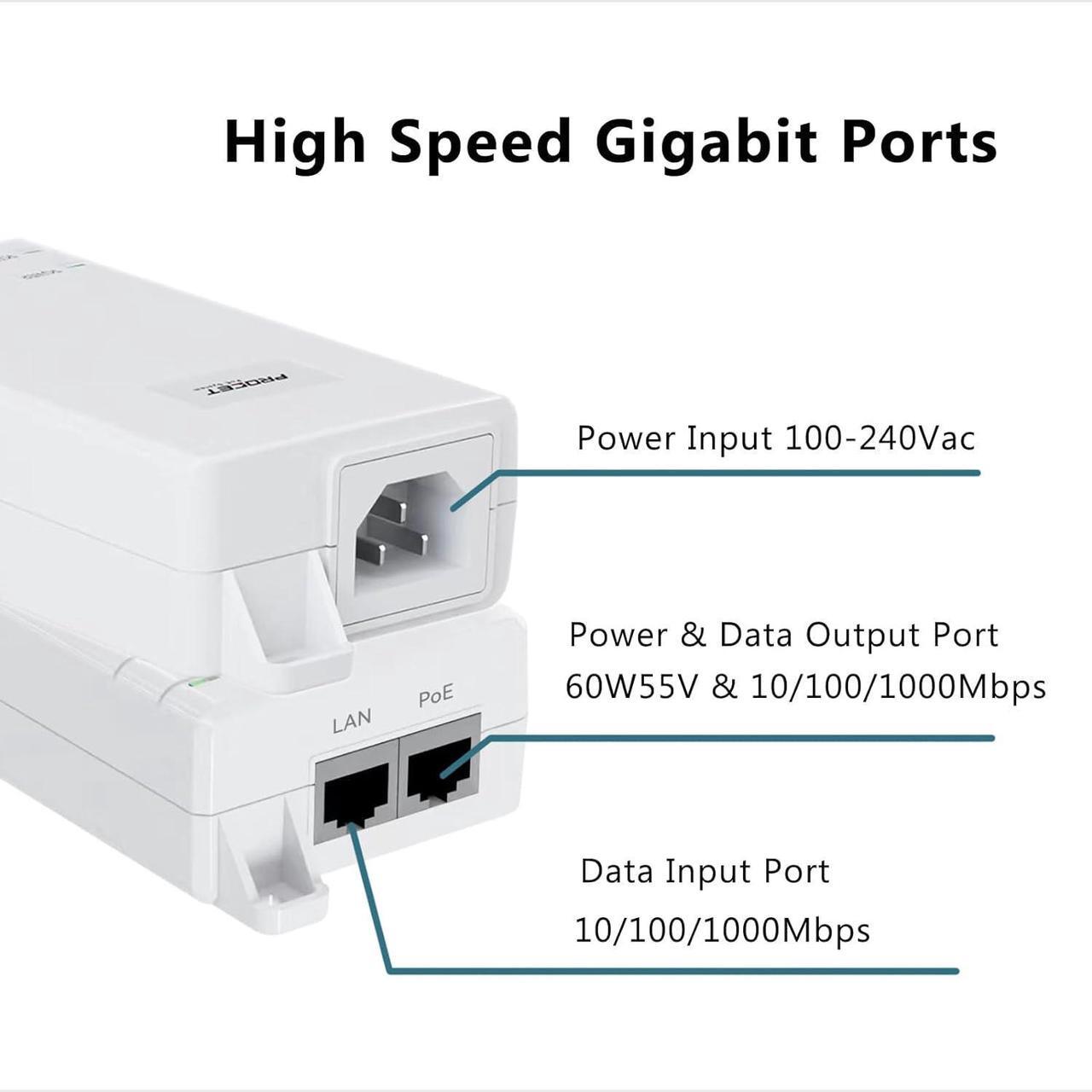 Alt view image 2 of 5 - Gigabit PoE++ Injector 60W IEEE802.3bt/at/af Compliant, Supplies PoE(15.4W) or PoE+(30W) or PoE++(60W) Power Over Ethernet Distances Up to 328ft, PoE Injector Adapter for Camera/Access Point, EN60GB
