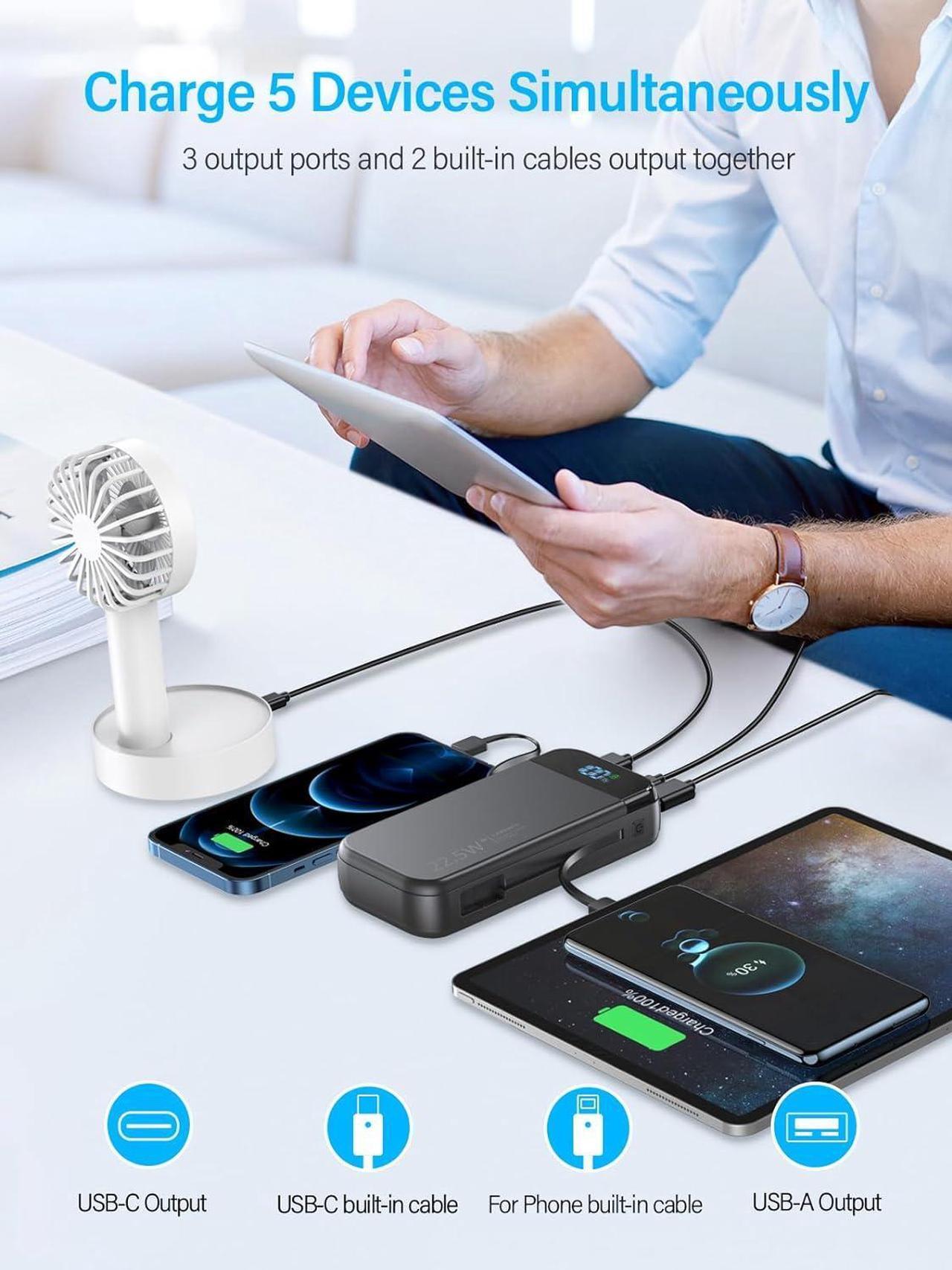 Alt view image 2 of 7 - Portable Charger 32000mAh 22.5W QC 3.0 PD 20W Smart LED Display Fast Charging Built in Cables Power Bank External Battery Pack Charge 5 Devices Compatible with Cellphones (Black)