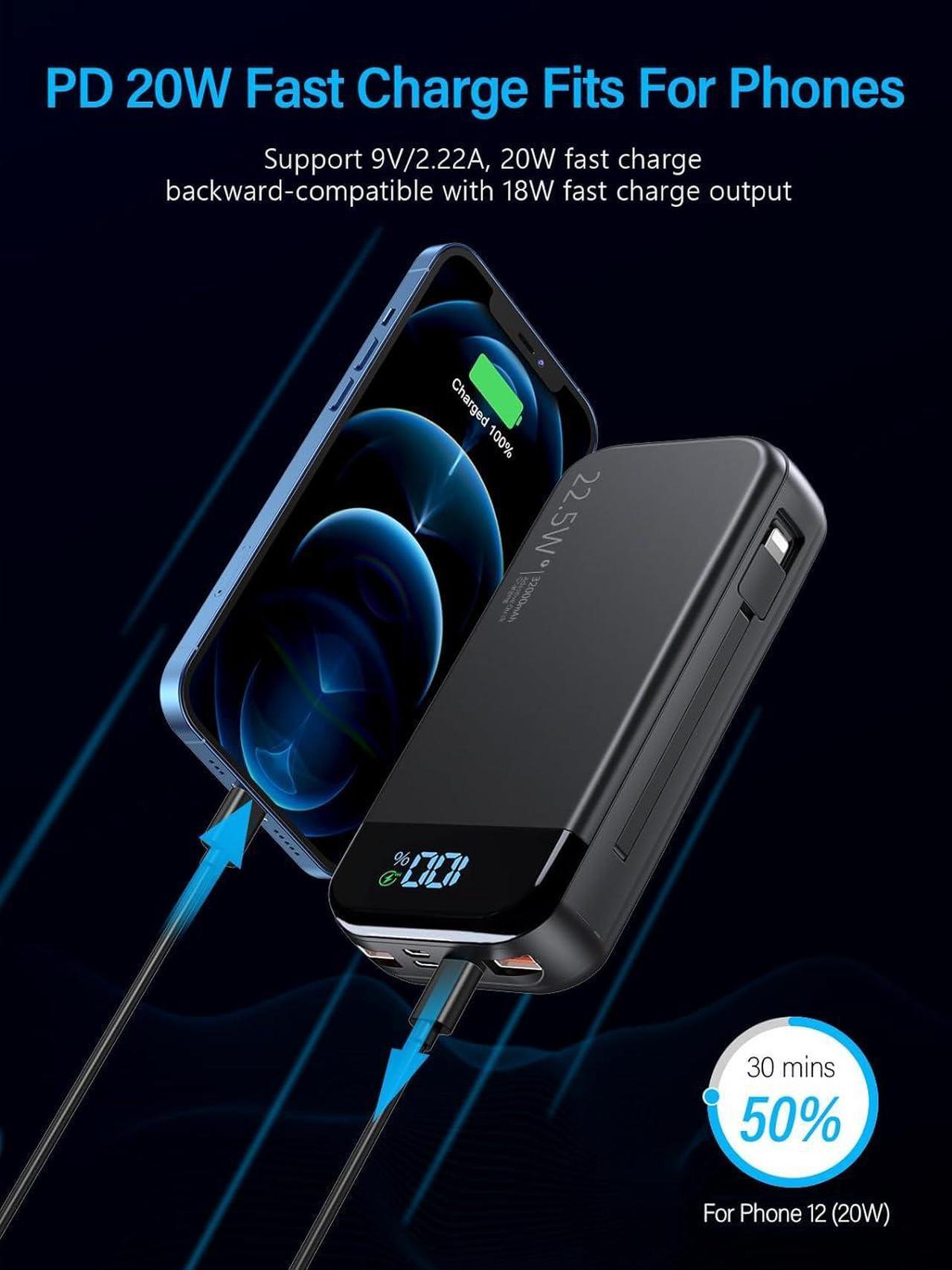 Alt view image 4 of 7 - Portable Charger 32000mAh 22.5W QC 3.0 PD 20W Smart LED Display Fast Charging Built in Cables Power Bank External Battery Pack Charge 5 Devices Compatible with Cellphones (Black)