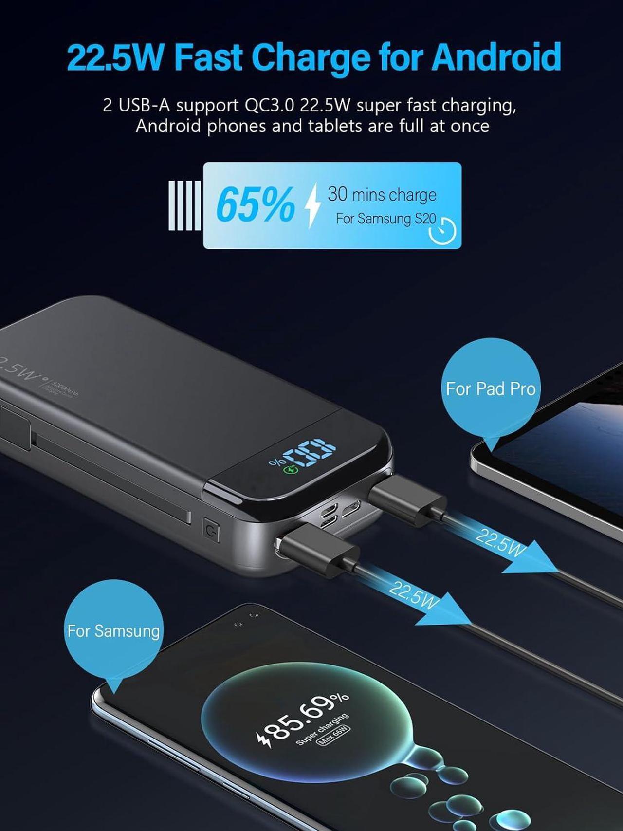 Alt view image 7 of 7 - Portable Charger 32000mAh 22.5W QC 3.0 PD 20W Smart LED Display Fast Charging Built in Cables Power Bank External Battery Pack Charge 5 Devices Compatible with Cellphones (Black)