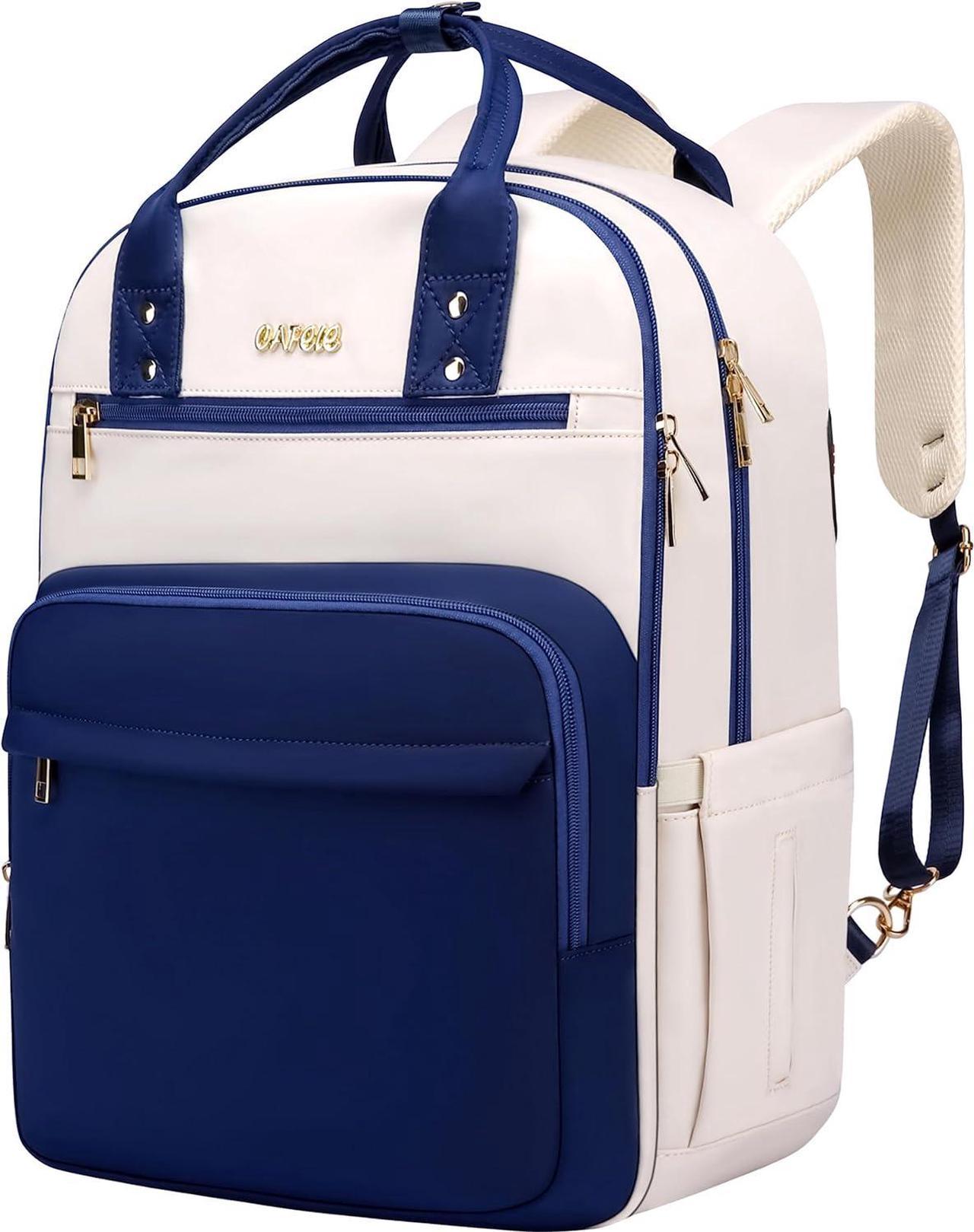 17 Inch Laptop Backpack for Women Men Fashion Work, Large Capacity Waterproof Bagpack with USB Port, College Daypack Business Travel Backpack,Blue-White