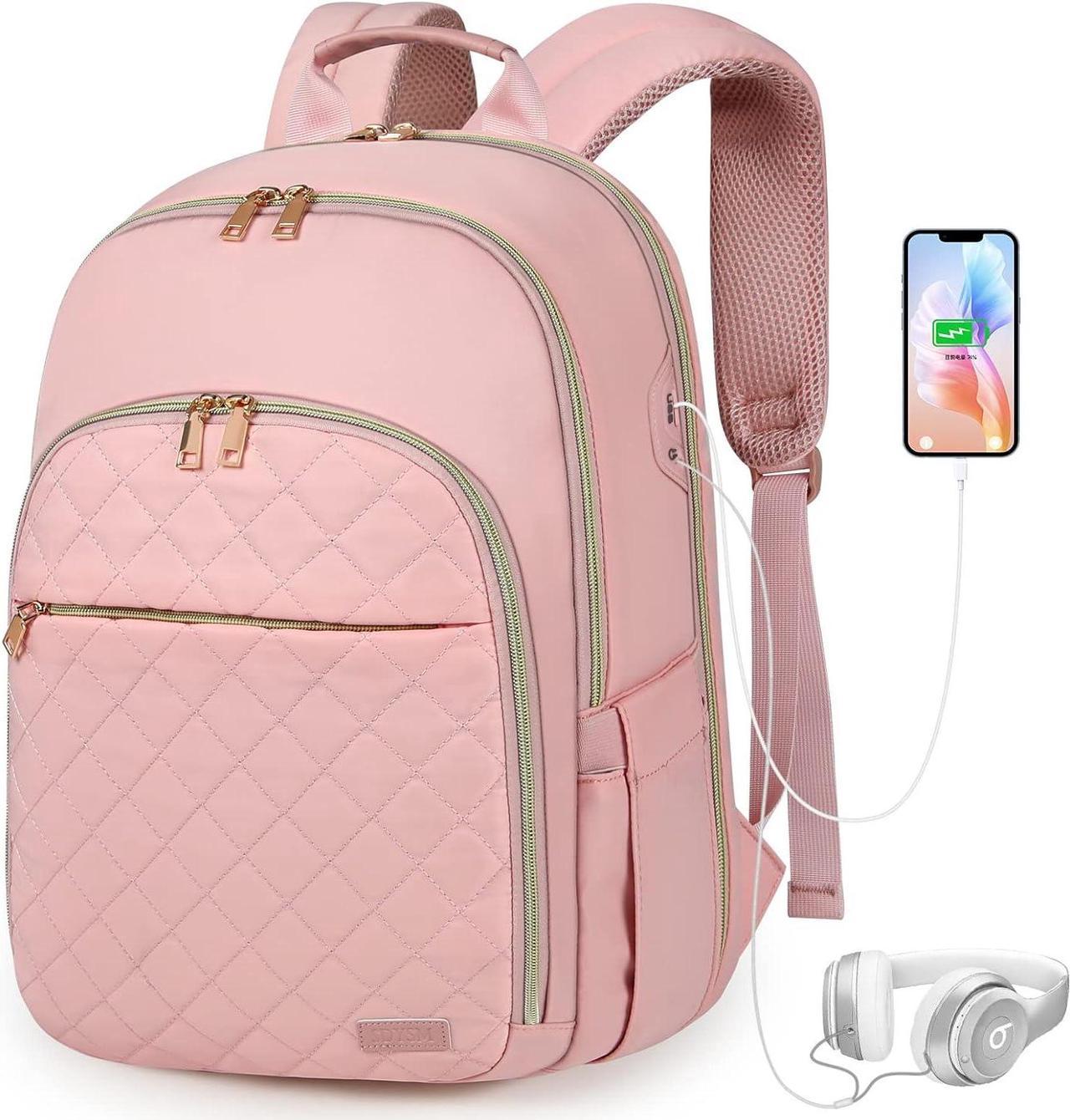 Travel Backpack School Backpack for Women Laptop Backpack 15.6 Inch Waterproof Bookbag for Teens TSA Friendly Backpack Lightweight Daypack for High School College Work Business,Pink