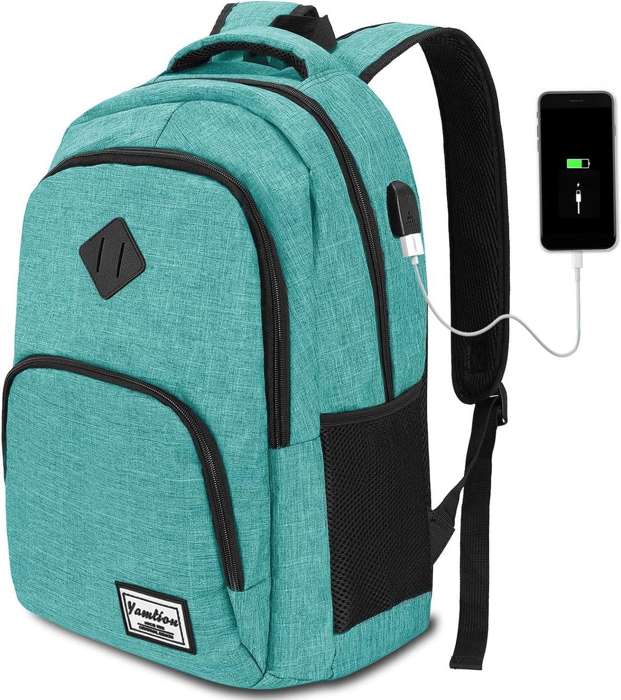 School Backpack for Teen Girls and Boys,Laptop Bookbag for College with USB Charging Port,Green