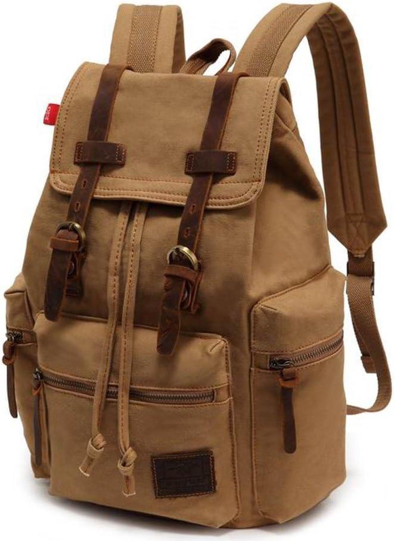 Koolehaoda Vintage Canvas Backpack Leather Rucksack Knapsack Unisex Casual Backpack 17inch Laptop Backpack Hiking Bag(L Khaki)