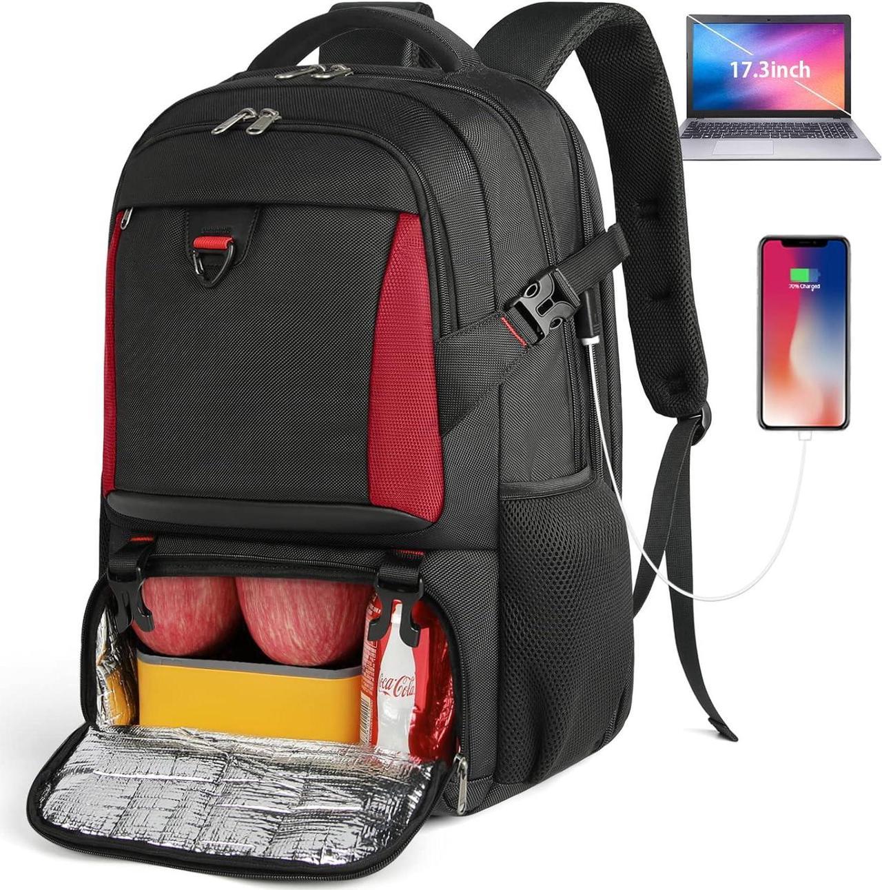 Lunch Backpack, 17.3 Inch Laptop Backpack with USB Charging Port 50L Travel Backpack for Men Women Work Backpack with Insulated Bag Waterproof Computer Backpack for College School Business, Red