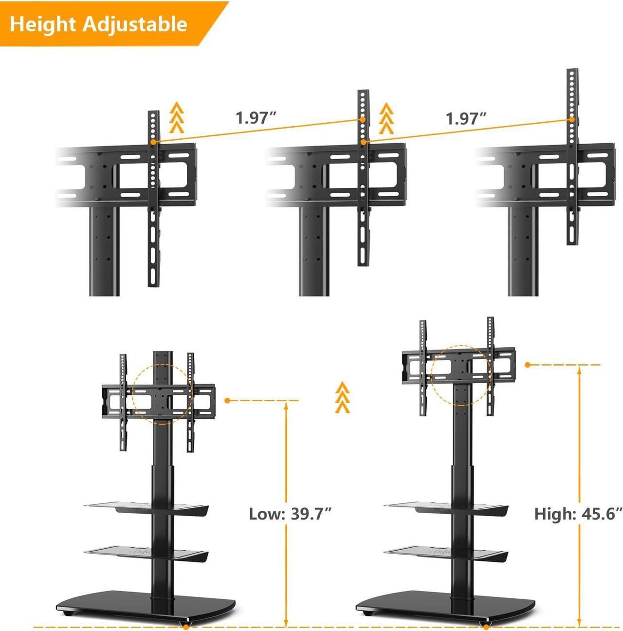 Alt view image 3 of 7 - 5Rcom Floor TV Stand with Mount, Height Adjustable TV Floor Stand with Swivel Mount for 27-70 inch Flat or Curved Screens TVs, Sturdy Tempered Glass Base with 3 Large Shelves for Bedroom, Black