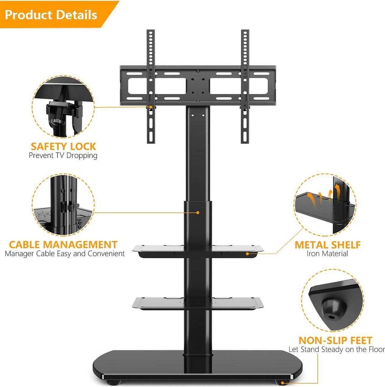 Alt view image 4 of 7 - 5Rcom Floor TV Stand with Mount, Height Adjustable TV Floor Stand with Swivel Mount for 27-70 inch Flat or Curved Screens TVs, Sturdy Tempered Glass Base with 3 Large Shelves for Bedroom, Black