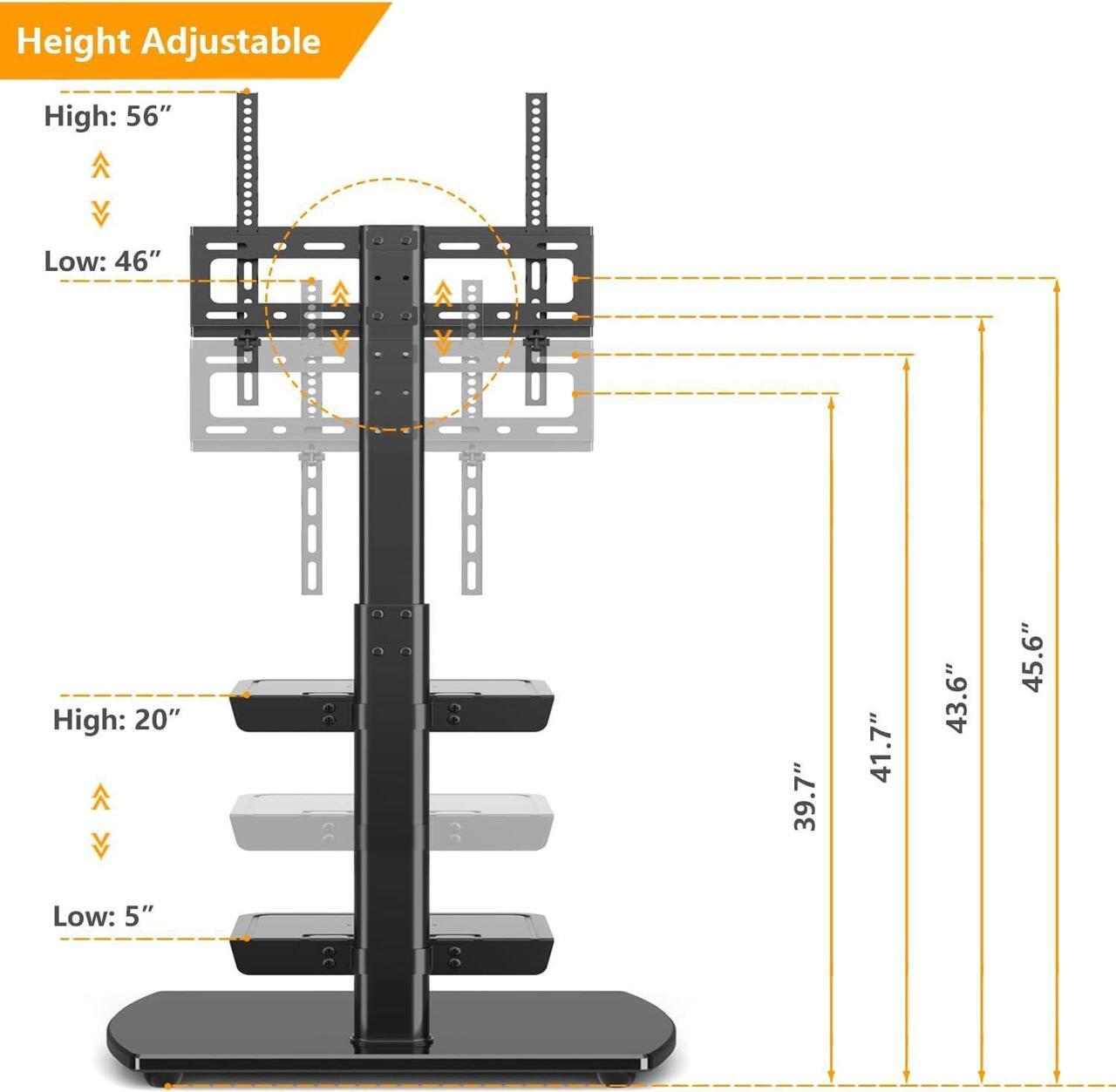 Alt view image 7 of 7 - 5Rcom Floor TV Stand with Mount, Height Adjustable TV Floor Stand with Swivel Mount for 27-70 inch Flat or Curved Screens TVs, Sturdy Tempered Glass Base with 3 Large Shelves for Bedroom, Black