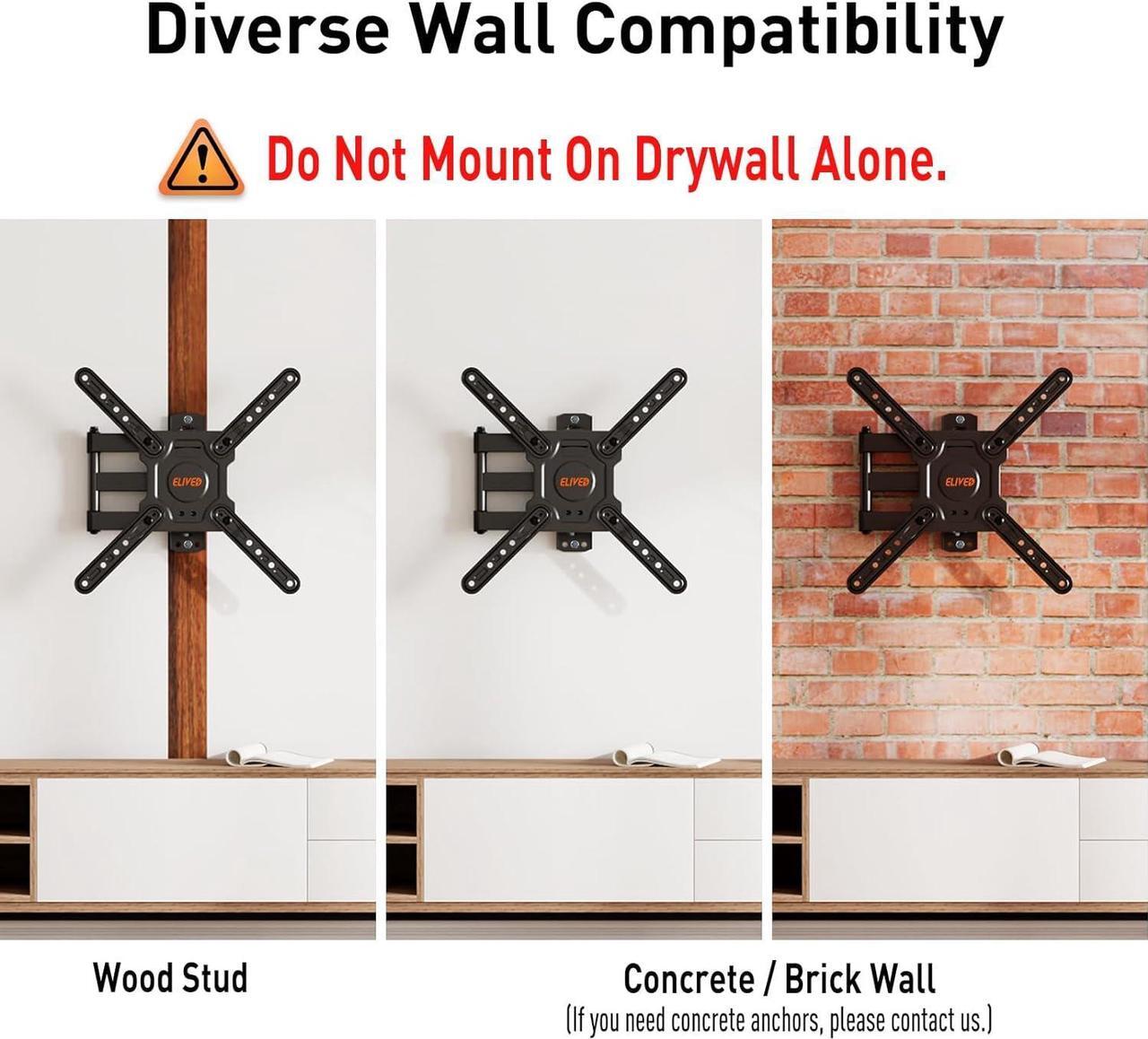 Alt view image 6 of 7 - ELIVED TV Wall Mount for Most 22-50 Inch TVs, Articulating Arms Swivel and Tilt Full Motion TV Mount, Wall Mount TV Brackets Max VESA 300x300, Single Stud Perfect Center Design, Holds Up to 55 lbs.