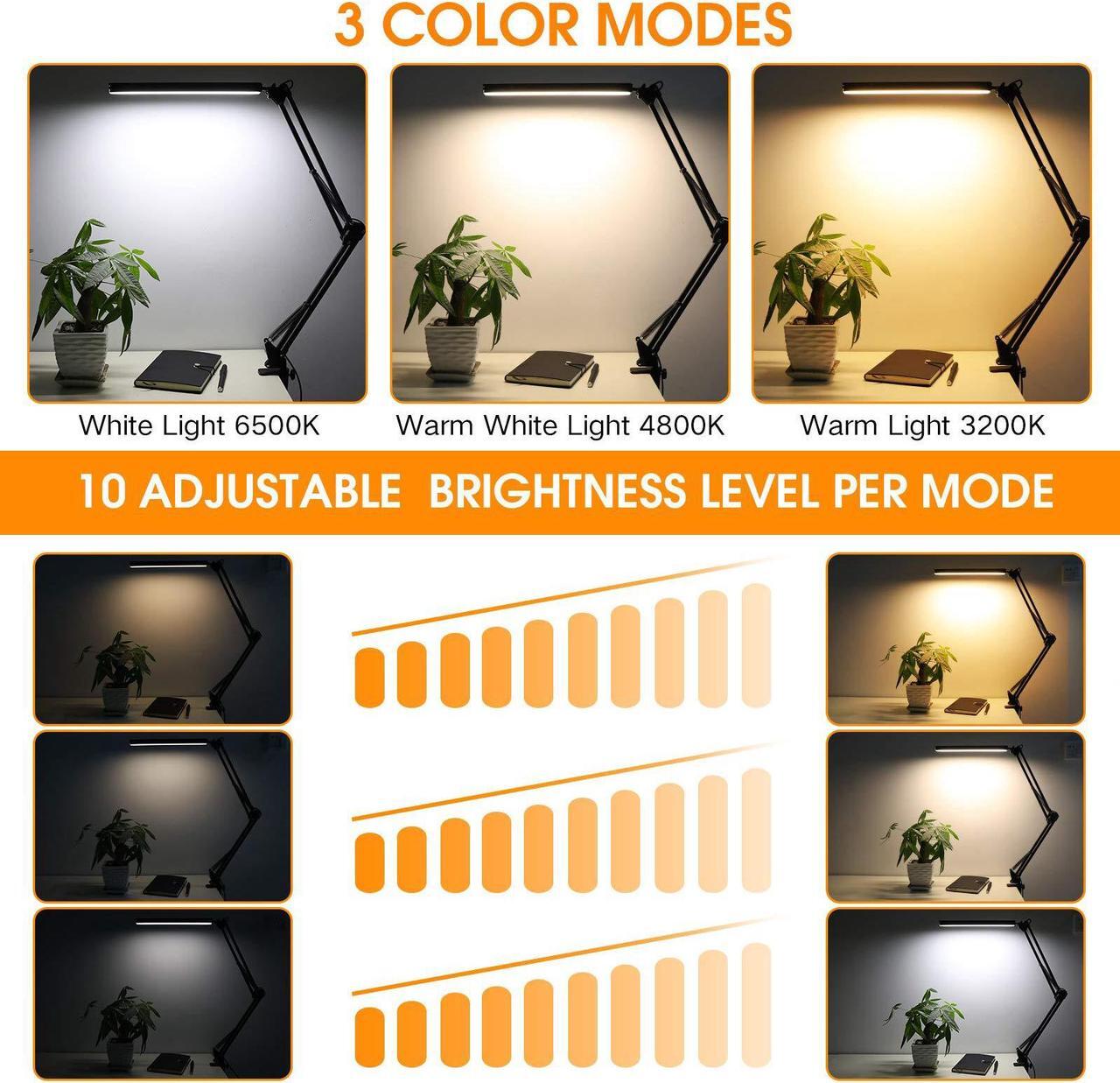 Alt view image 4 of 7 - 1PCS LED Desk Lamp,Adjustable Swing Arm Desk Lamp with Clamp,Dimmable Desk Light Eye-Care Table Light, 3 Color Modes,10-Level Brightness Table Lamp