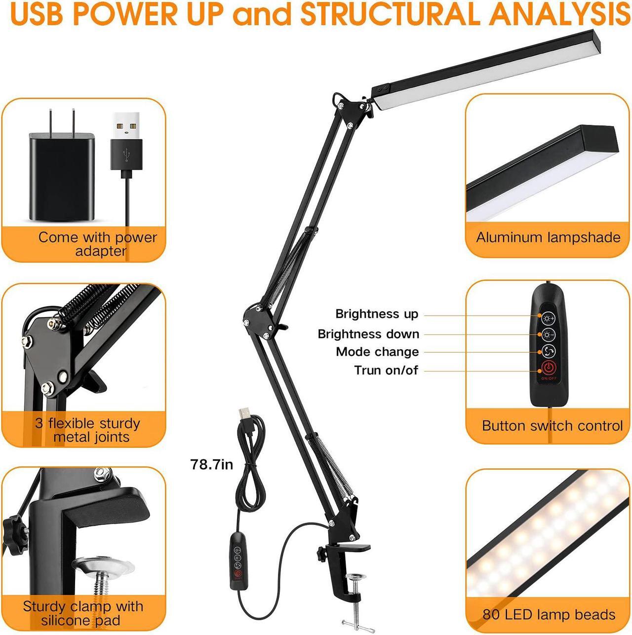 Alt view image 6 of 7 - 1PCS LED Desk Lamp,Adjustable Swing Arm Desk Lamp with Clamp,Dimmable Desk Light Eye-Care Table Light, 3 Color Modes,10-Level Brightness Table Lamp