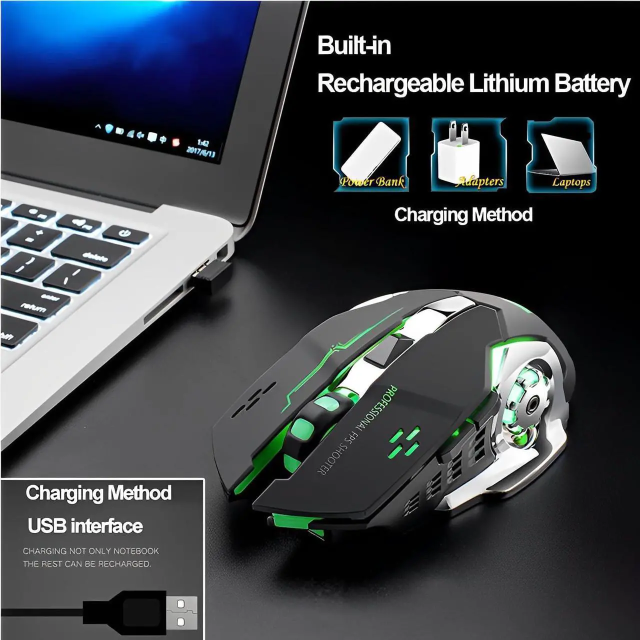Alt view image 5 of 7 - Rechargeable Wireless Gaming Mouse, 2.4G LED Optical Silent Wireless Computer Mouse with 7 Color Light, 3 Adjustable DPI, Ergonomic Design Silver