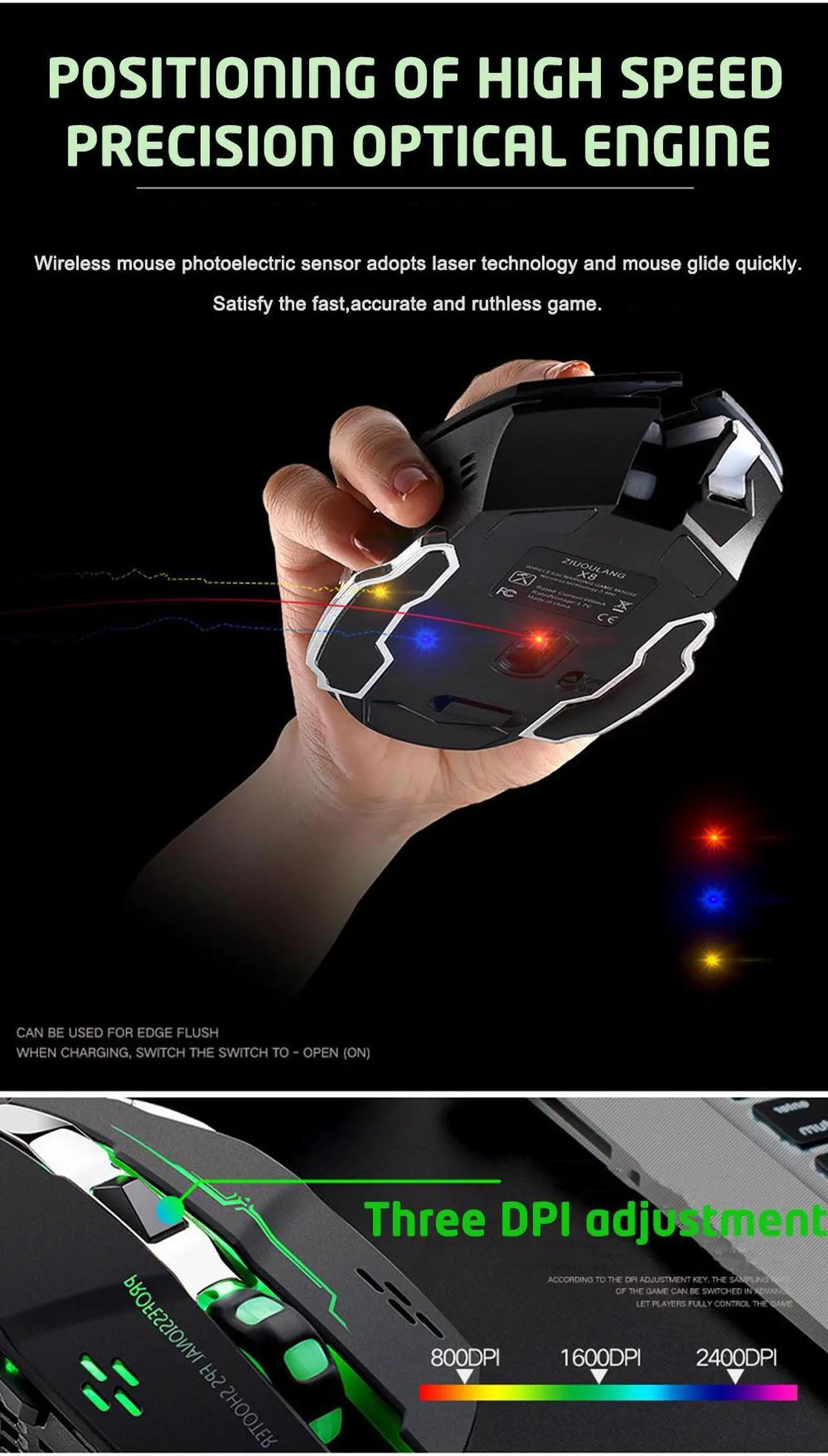 Alt view image 6 of 7 - Rechargeable Wireless Gaming Mouse, 2.4G LED Optical Silent Wireless Computer Mouse with 7 Color Light, 3 Adjustable DPI, Ergonomic Design Silver