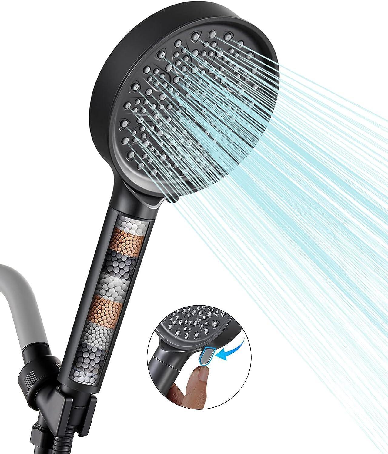 Handheld Shower Head with Filter, High Pressure 6 Spray Mode Showerhead with 60" Hose, Bracket and Water Softener Filters Beads for Hard Water Remove Chlorine, Black