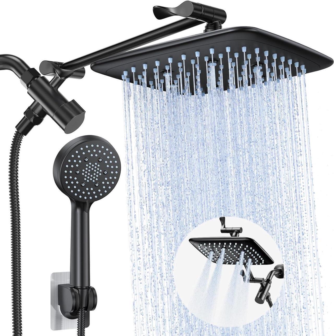 Veken High Pressure Rain Shower Head with Handheld Sparay Combo - Easy to Install Wide Rainfall Showerhead with 23 Water Spray Modes Black Shower Heads Adjustable Dual Showerhead with Extension Arm