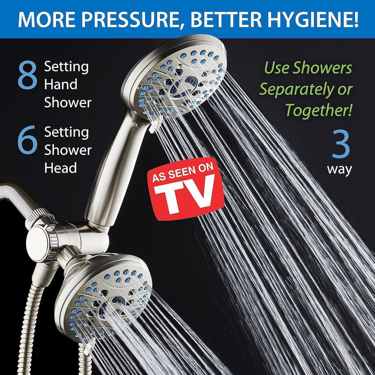 Alt view image 2 of 7 - Hotel Spa AquaCare As-Seen-On-TV High Pressure 48-setting Rain & Handheld 3-way Shower Head Combo - Anti-clog Nozzles/Tub, Tile & Pet Power Wash/Extra Long 6 ft. Hose/Satin Nickel Finish
