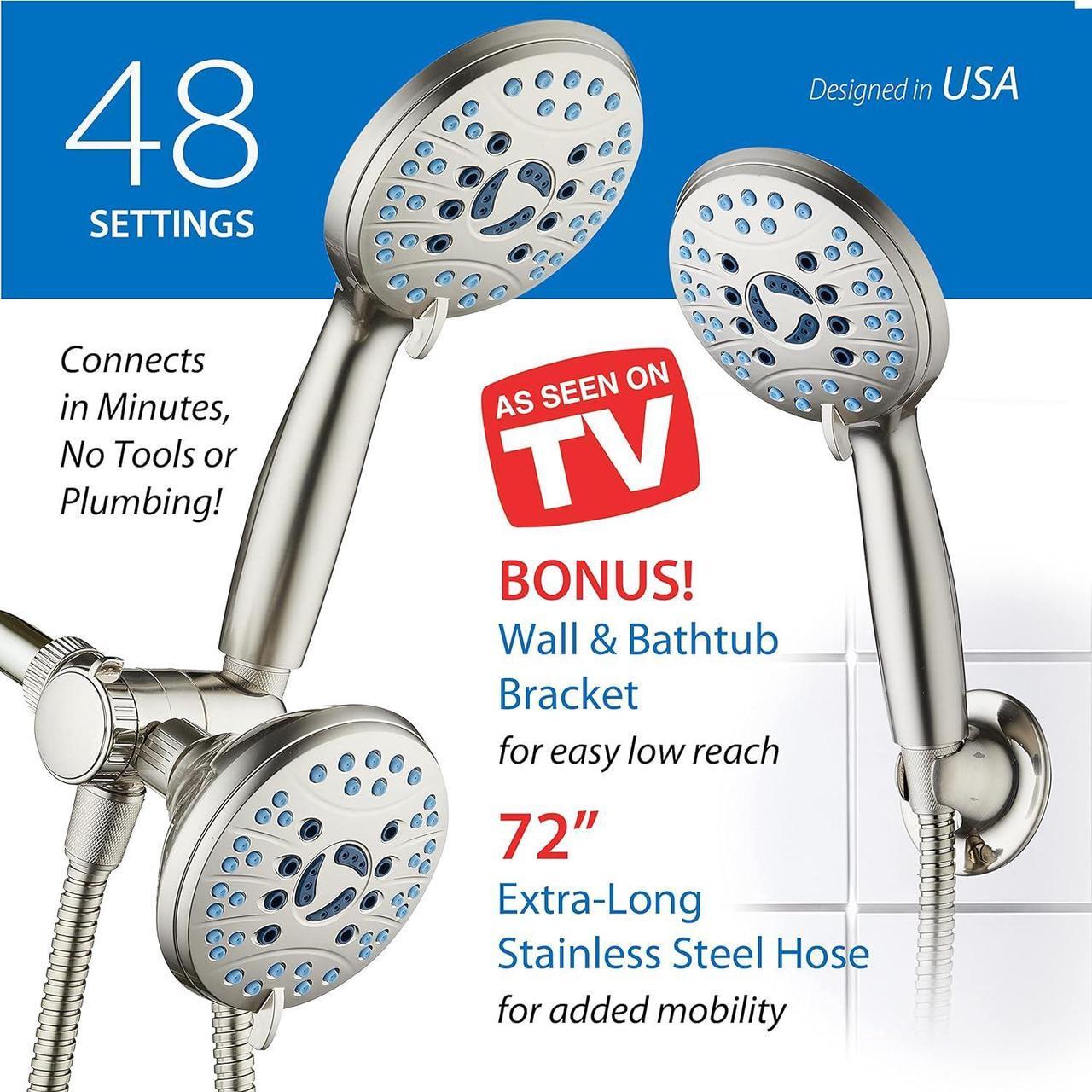 Alt view image 6 of 7 - Hotel Spa AquaCare As-Seen-On-TV High Pressure 48-setting Rain & Handheld 3-way Shower Head Combo - Anti-clog Nozzles/Tub, Tile & Pet Power Wash/Extra Long 6 ft. Hose/Satin Nickel Finish
