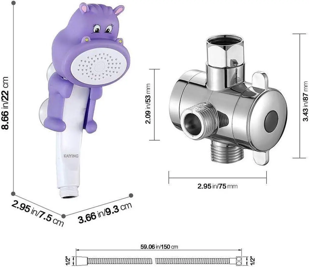 Alt view image 2 of 5 - KAIYING Children's Handheld Shower Head,Cartoon Water Flow Spray Shower Head Baby Kids Toddler Bath Bathing Accessories (K:Showerhead(Hippie)+Hose+Diverter)