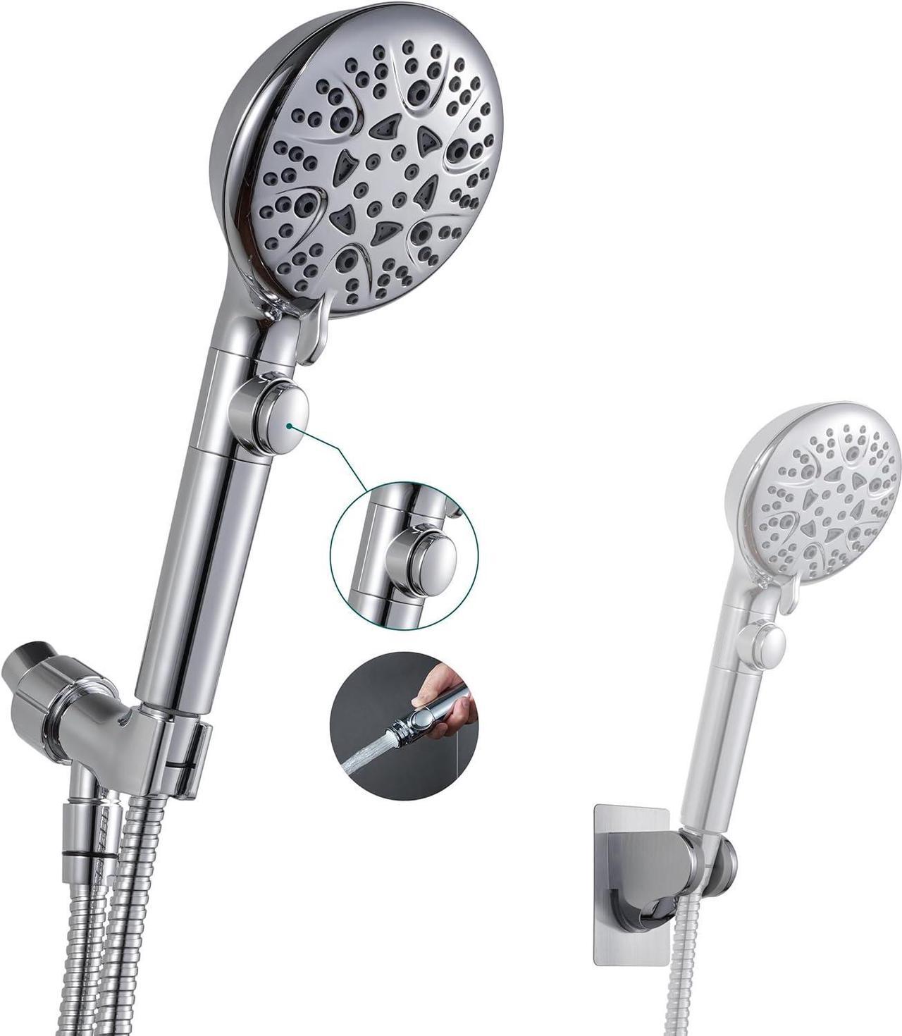 GwernKB Handheld Shower Head with On Off Switch 8-Mode High Pressure Showerhead with 79 Inches Extra-long Stainless Steel Hose and Bracket PLUS Extra Low-Reach Adhesive Wall Mount for Kids,Silver