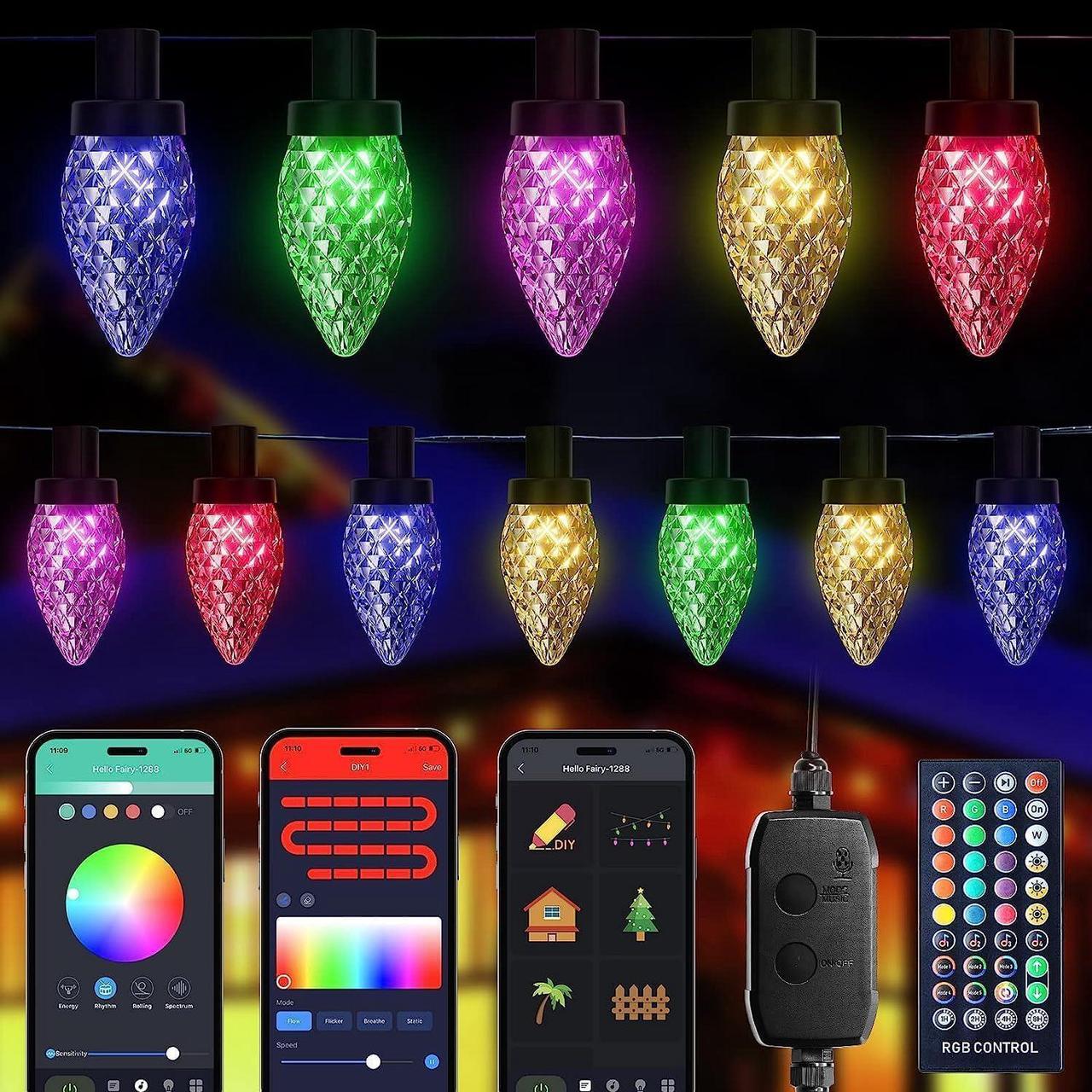 Main image of C9 RGB Smart Christmas Lights, 66 Feet 100 LED C9 Color Changing Lights with Music Sync Remote APP, Waterproof Commercial Grade Extendable C9 String Lights for House Indoor Outdoor Xmas Tree Decor