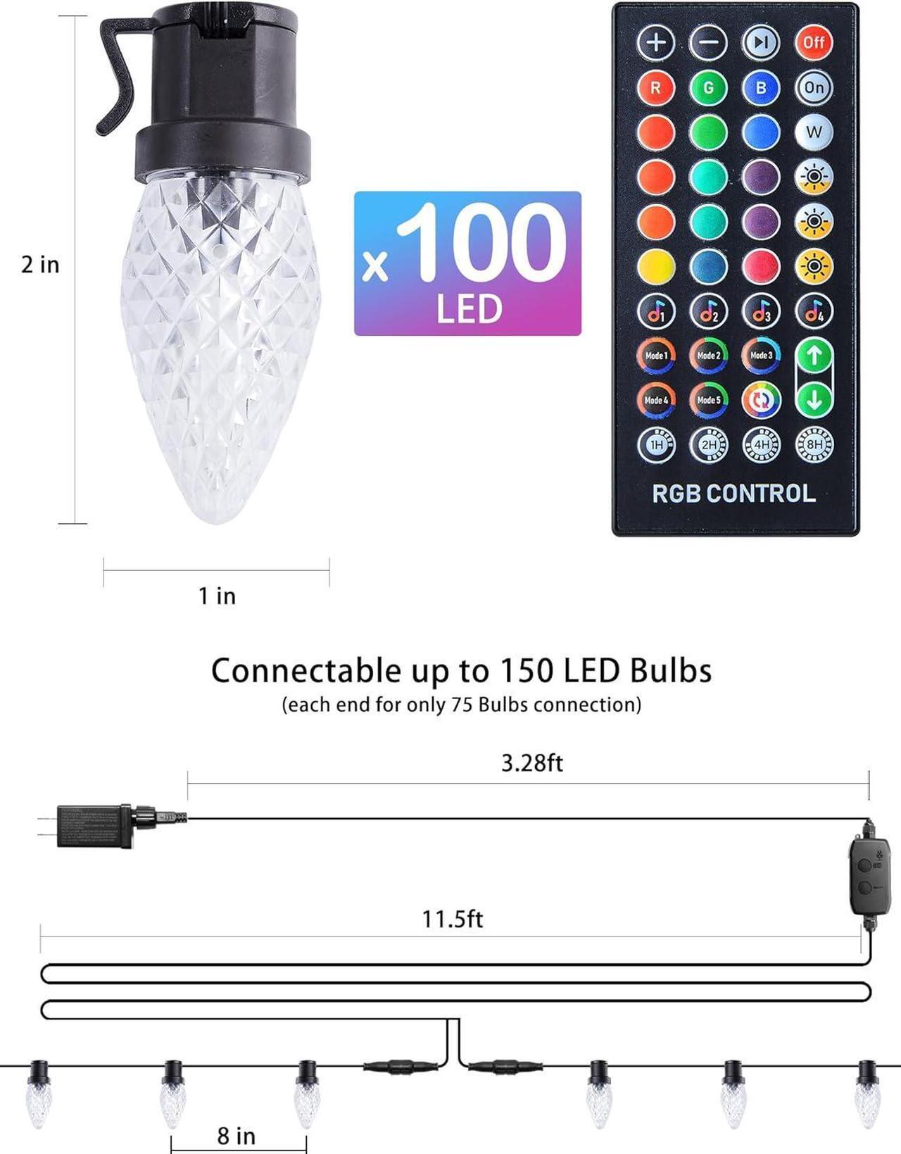 Alt view image 4 of 7 - C9 RGB Smart Christmas Lights, 66 Feet 100 LED C9 Color Changing Lights with Music Sync Remote APP, Waterproof Commercial Grade Extendable C9 String Lights for House Indoor Outdoor Xmas Tree Decor
