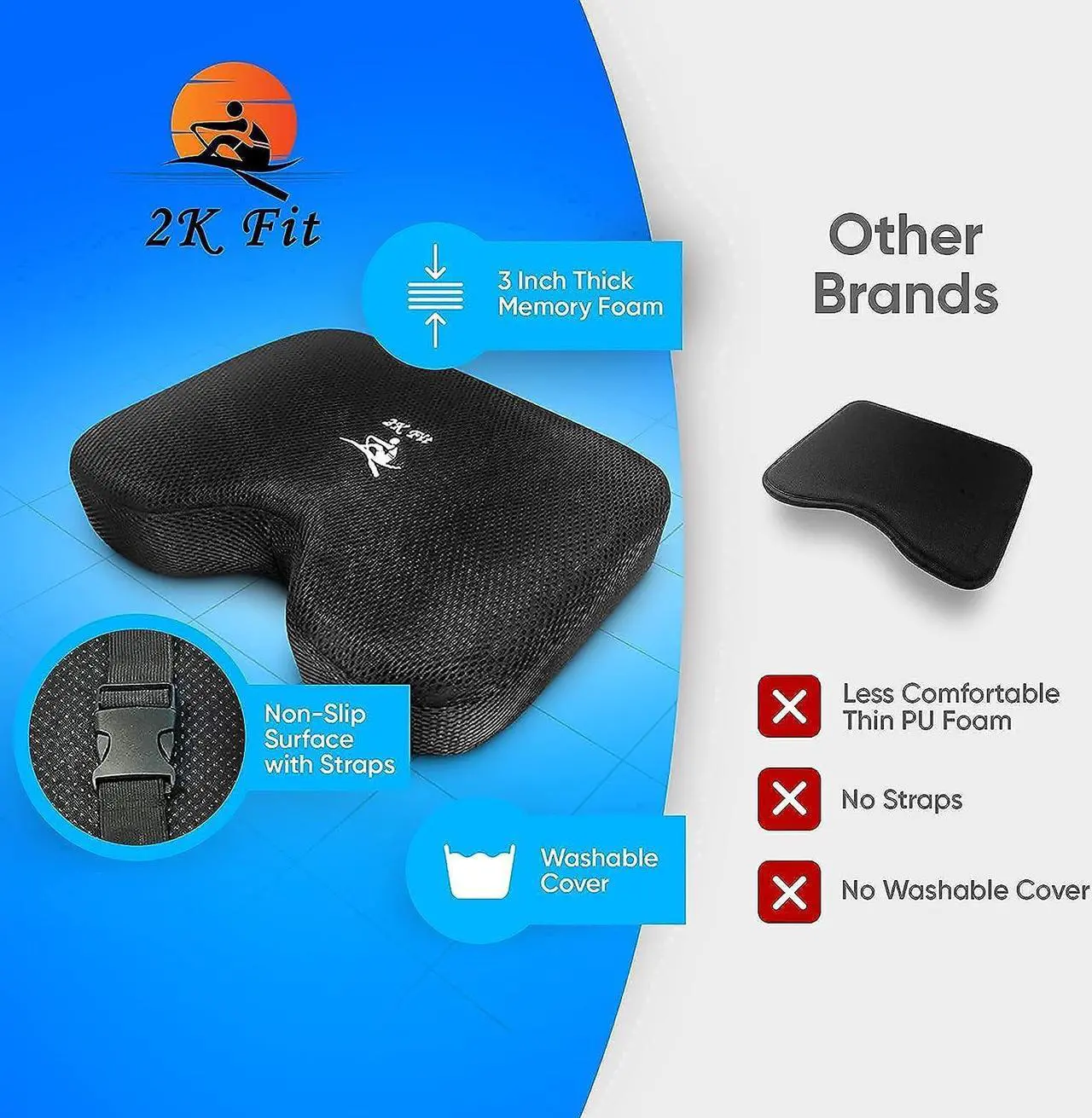 Alt view image 5 of 7 - 2K Fit Rowing Machine Seat Cushion (Model 2) for The Concept 2 Rowing Machine with Custom Memory Foam, Washable Cover, and Straps- Concept 2 Rower, Recumbent Stationary Bike, WatterRower Seat Pad