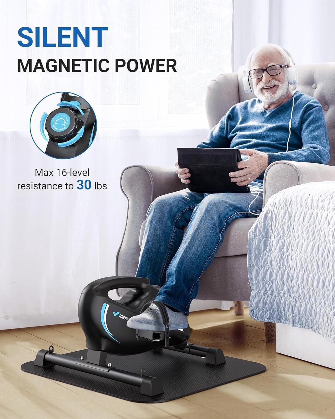 Alt view image 3 of 6 - Under Desk Bike Pedal Exerciser, Quiet Magnetic Mini Exercise Bike with MERACH App for Arm, Leg Recovery, Physical Therapy, Smooth Foot Desk Cycle with 2 Resistance Bands & Non-Slip Mat