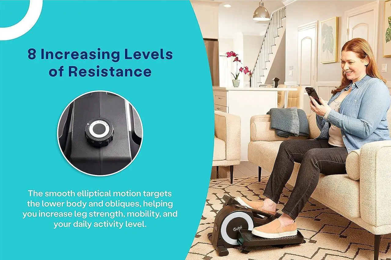 Alt view image 6 of 7 - Cubii JR1+ Under Desk Elliptical Bundle with Non Slip Mat - Pedal Exerciser with 8 Levels Adjustable Resistance, Portable, Workout Equipment for Home W/Bluetooth