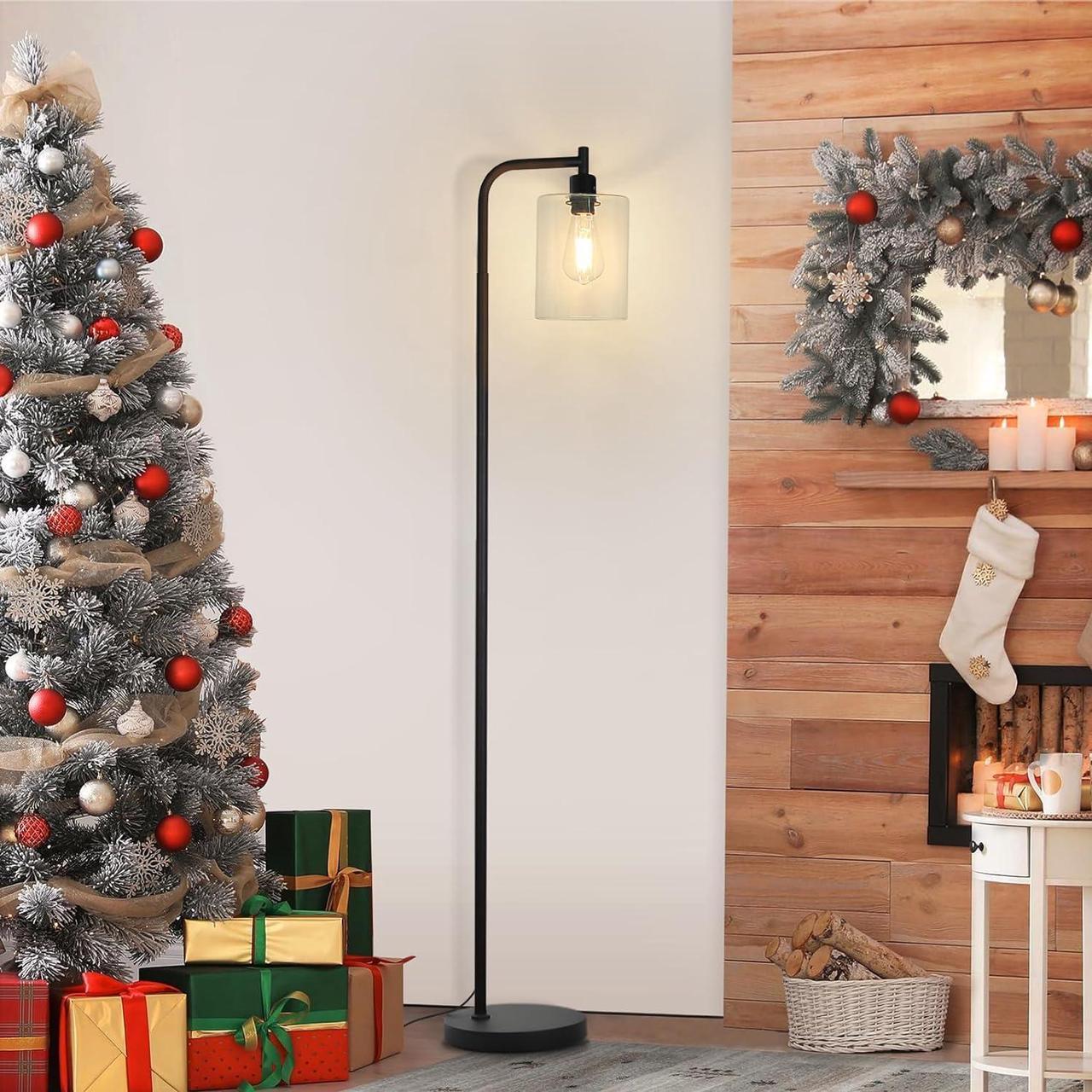 Alt view image 2 of 7 - MAXvolador Industrial Floor Lamp, Modern Standing Lamps with Hanging Clear Glass Shade, Classic Reading Tall Pole Light for Living Room Bedroom, Black