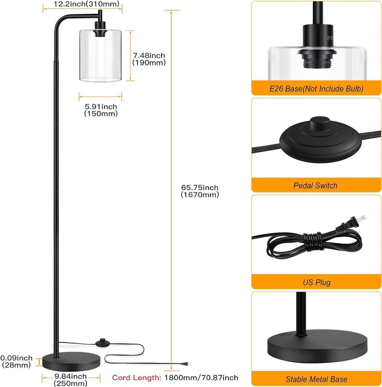 Alt view image 4 of 7 - MAXvolador Industrial Floor Lamp, Modern Standing Lamps with Hanging Clear Glass Shade, Classic Reading Tall Pole Light for Living Room Bedroom, Black