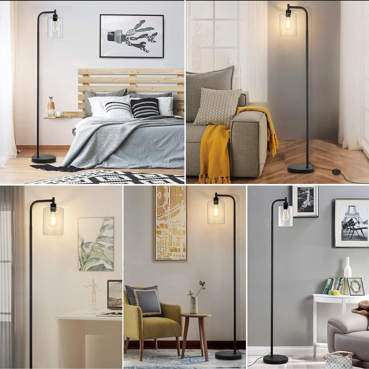 Alt view image 7 of 7 - MAXvolador Industrial Floor Lamp, Modern Standing Lamps with Hanging Clear Glass Shade, Classic Reading Tall Pole Light for Living Room Bedroom, Black
