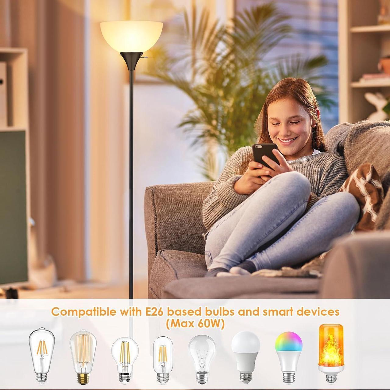 Alt view image 4 of 7 - Floor Lamp, LED Standing Lamps with White Plastic Shade, Black Modern Torchiere Floor Lamp, Tall Lamps for Living Room Dorm, Bulb not Included