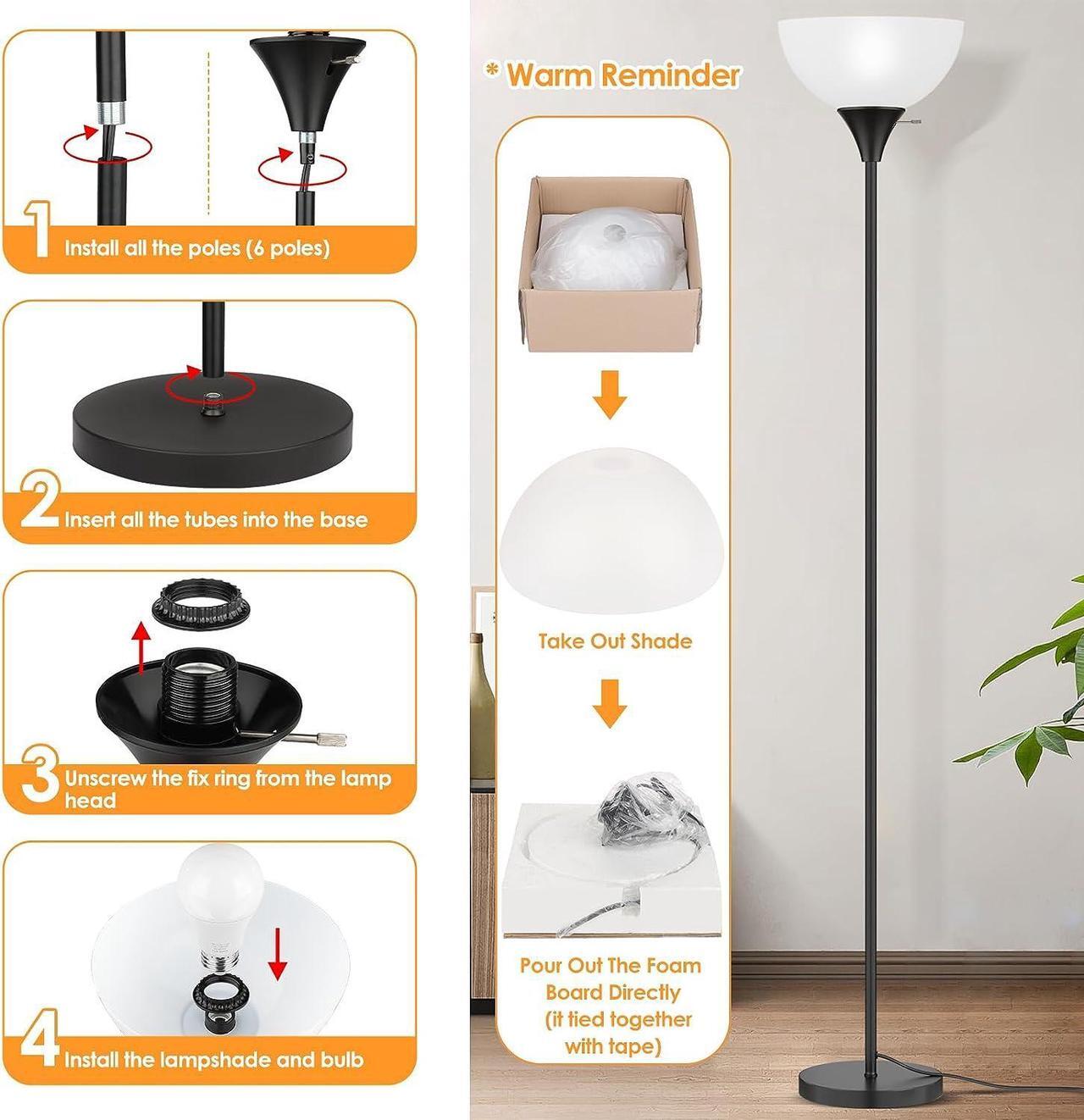 Alt view image 6 of 7 - Floor Lamp, LED Standing Lamps with White Plastic Shade, Black Modern Torchiere Floor Lamp, Tall Lamps for Living Room Dorm, Bulb not Included