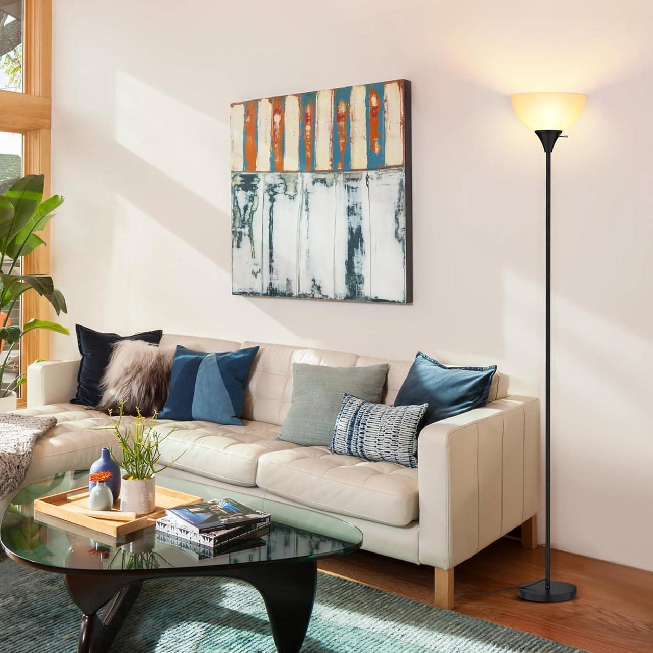 Alt view image 7 of 7 - Floor Lamp, LED Standing Lamps with White Plastic Shade, Black Modern Torchiere Floor Lamp, Tall Lamps for Living Room Dorm, Bulb not Included