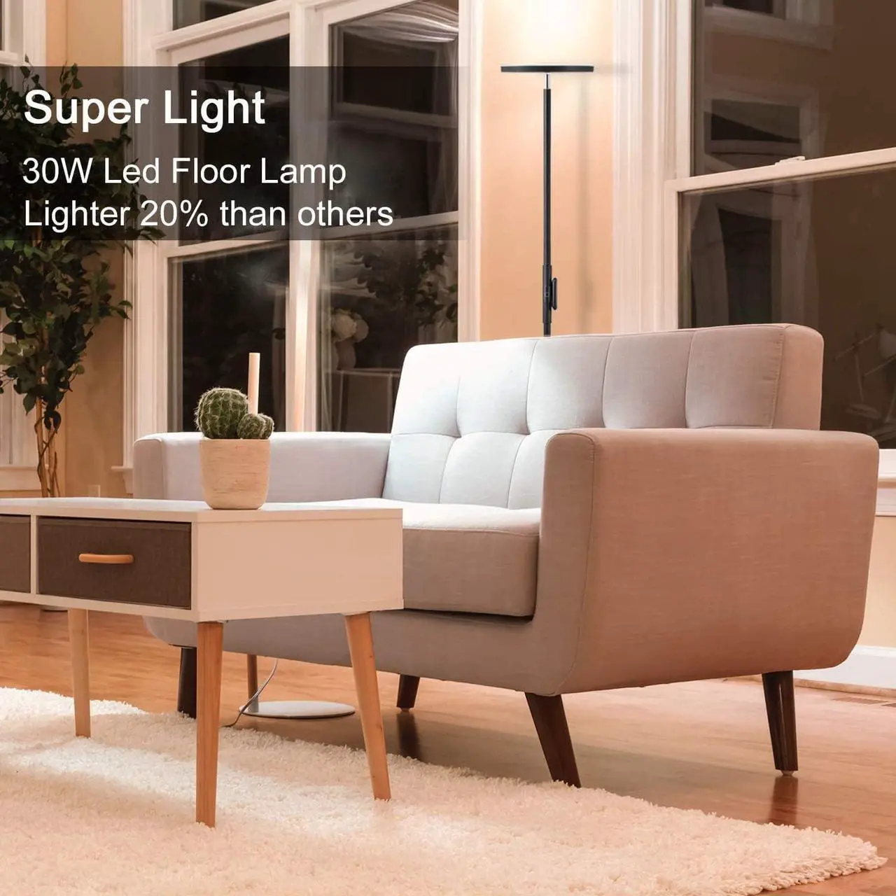 Alt view image 2 of 7 - JOOFO Floor Lamp,30W/2400LM Sky LED Modern Torchiere 3 Color Temperatures Super Bright-Tall Standing Pole Light with Remote & Touch Control for Living Room,Bed Room,Office (Black)