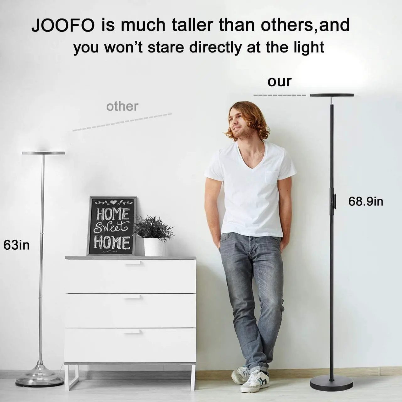 Alt view image 3 of 7 - JOOFO Floor Lamp,30W/2400LM Sky LED Modern Torchiere 3 Color Temperatures Super Bright-Tall Standing Pole Light with Remote & Touch Control for Living Room,Bed Room,Office (Black)