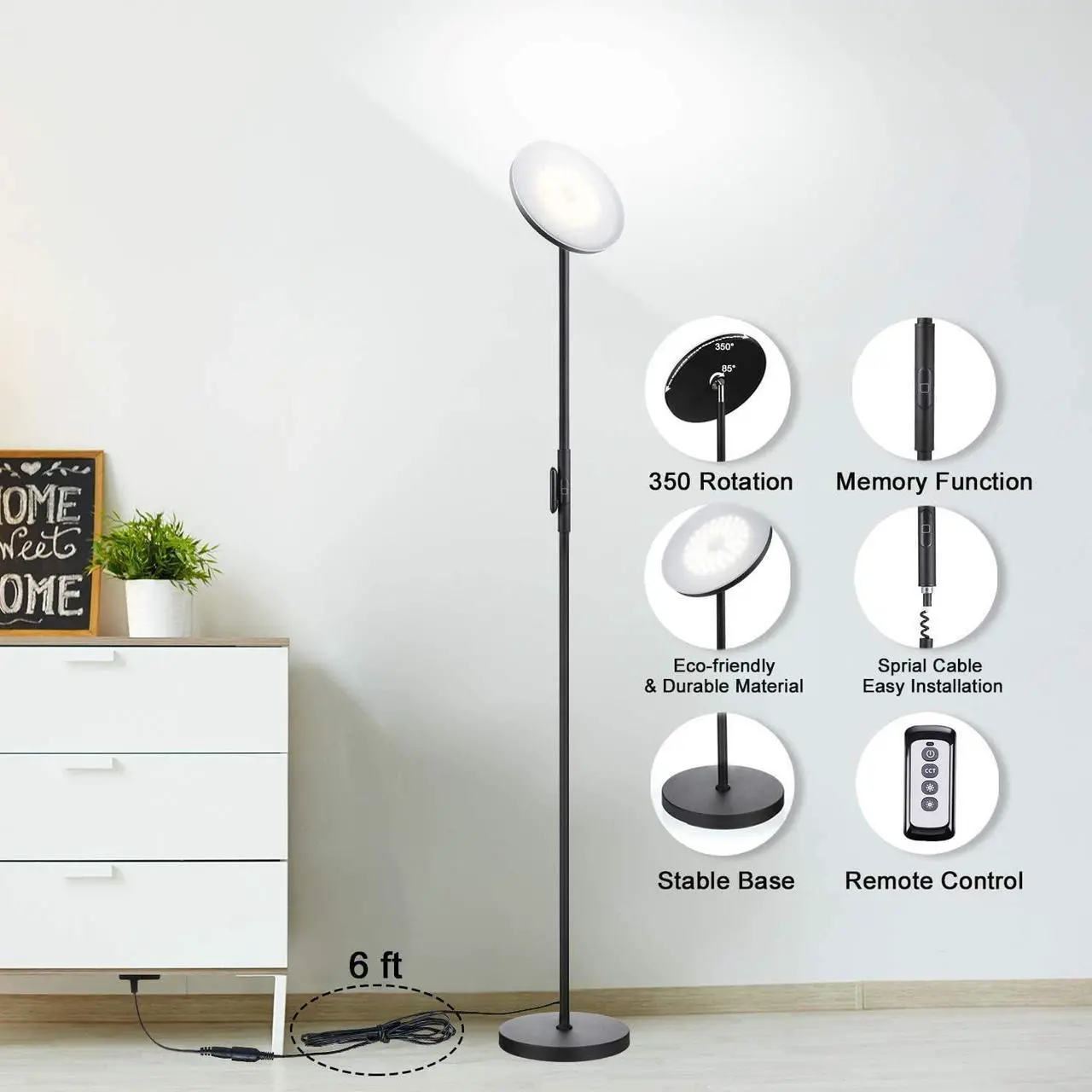 Alt view image 4 of 7 - JOOFO Floor Lamp,30W/2400LM Sky LED Modern Torchiere 3 Color Temperatures Super Bright-Tall Standing Pole Light with Remote & Touch Control for Living Room,Bed Room,Office (Black)