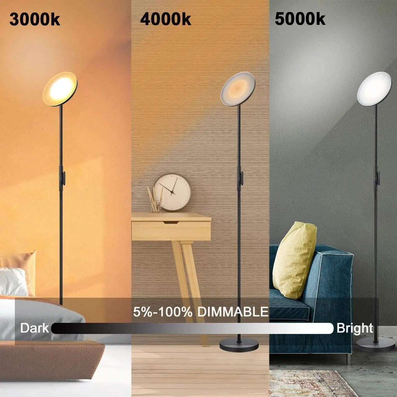 Alt view image 6 of 7 - JOOFO Floor Lamp,30W/2400LM Sky LED Modern Torchiere 3 Color Temperatures Super Bright-Tall Standing Pole Light with Remote & Touch Control for Living Room,Bed Room,Office (Black)