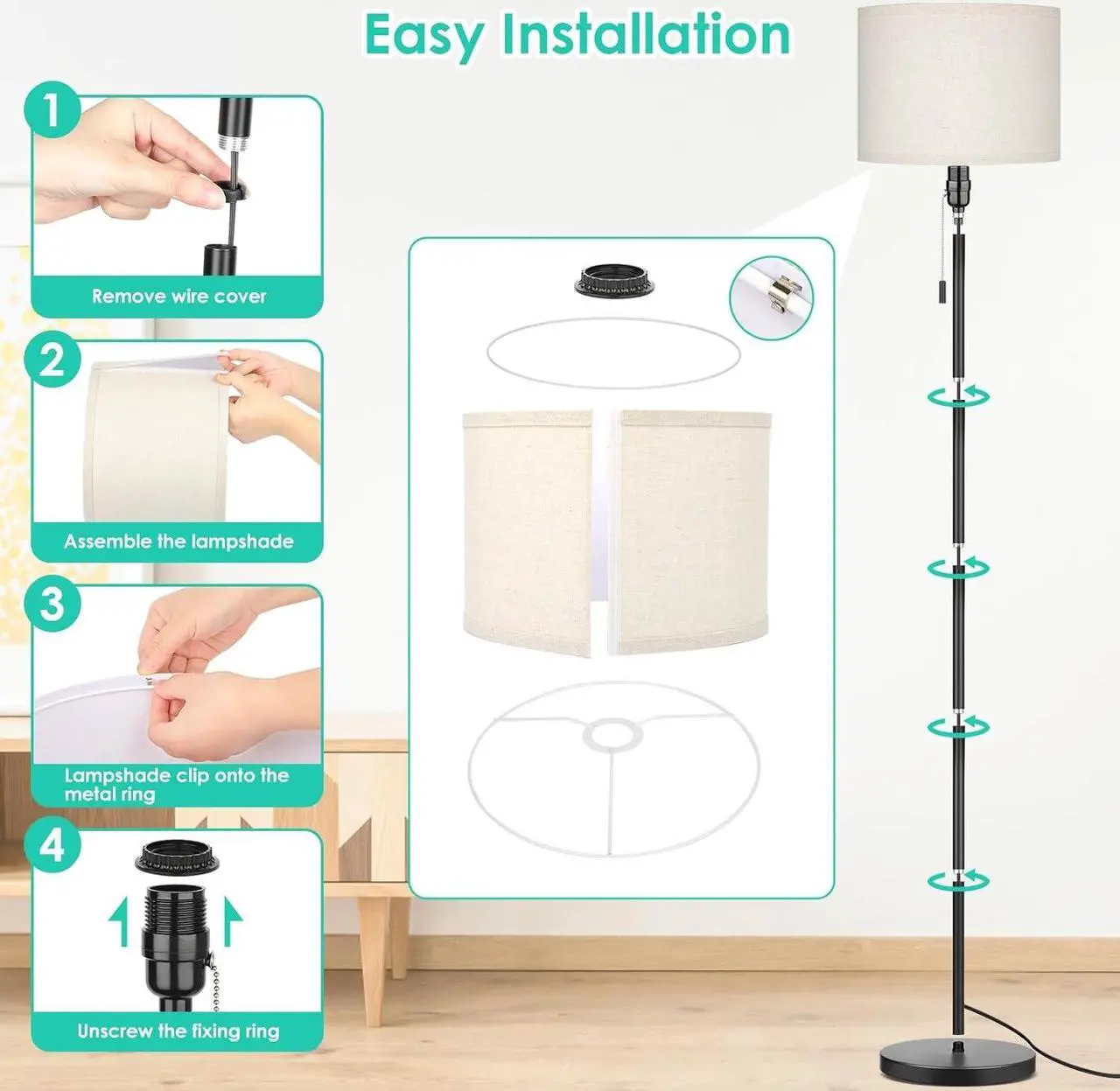 Alt view image 7 of 7 - FOLKSMATE Floor Lamp for Living Room, LED Modern Simple Standing Lamps, Tall Lamp for Bedroom, Kid, Office, Reading Room Black Pole Light Without Bulb